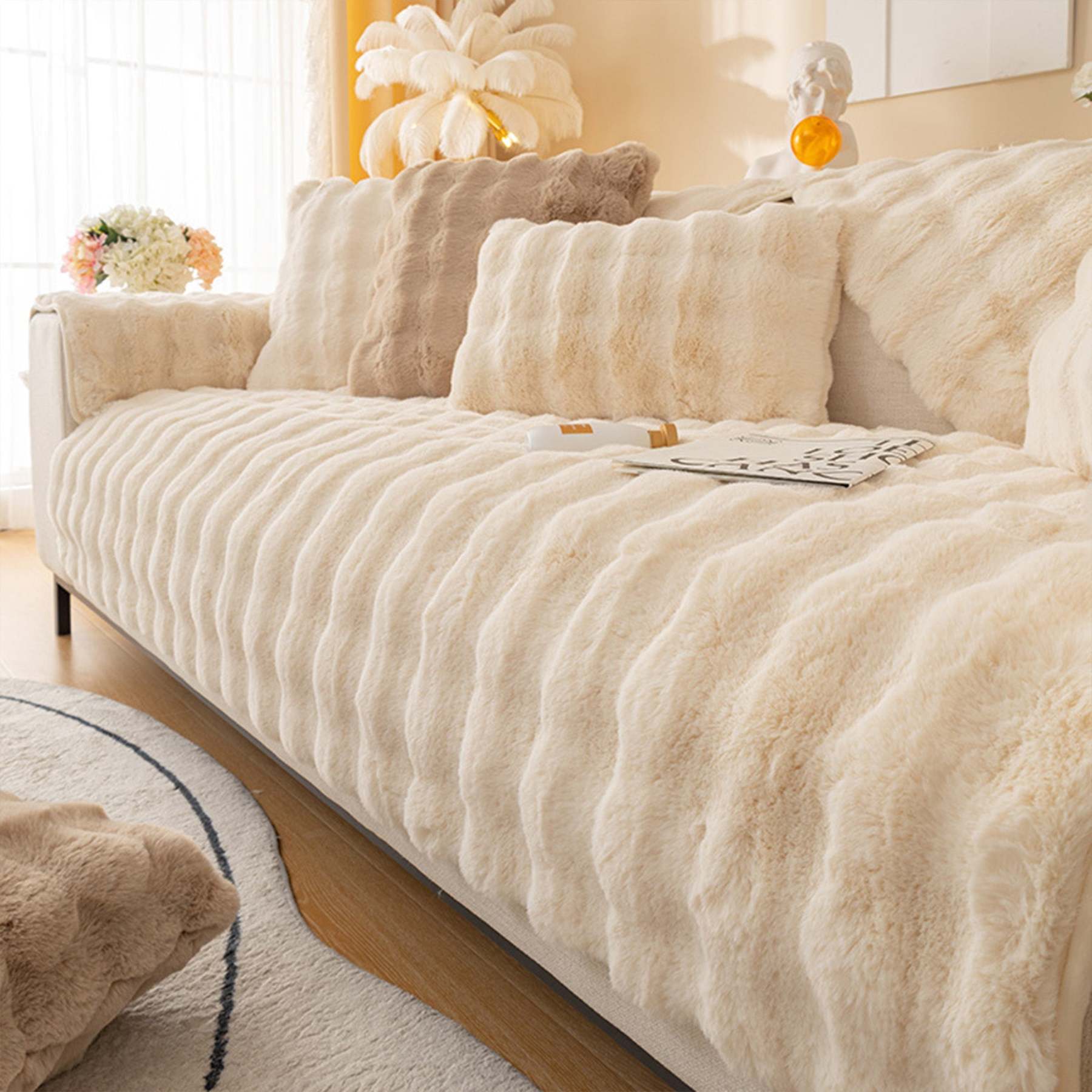 Cloud Plush Wave Faux Rabbit Fur Nonslip Sofa/Couch Cover