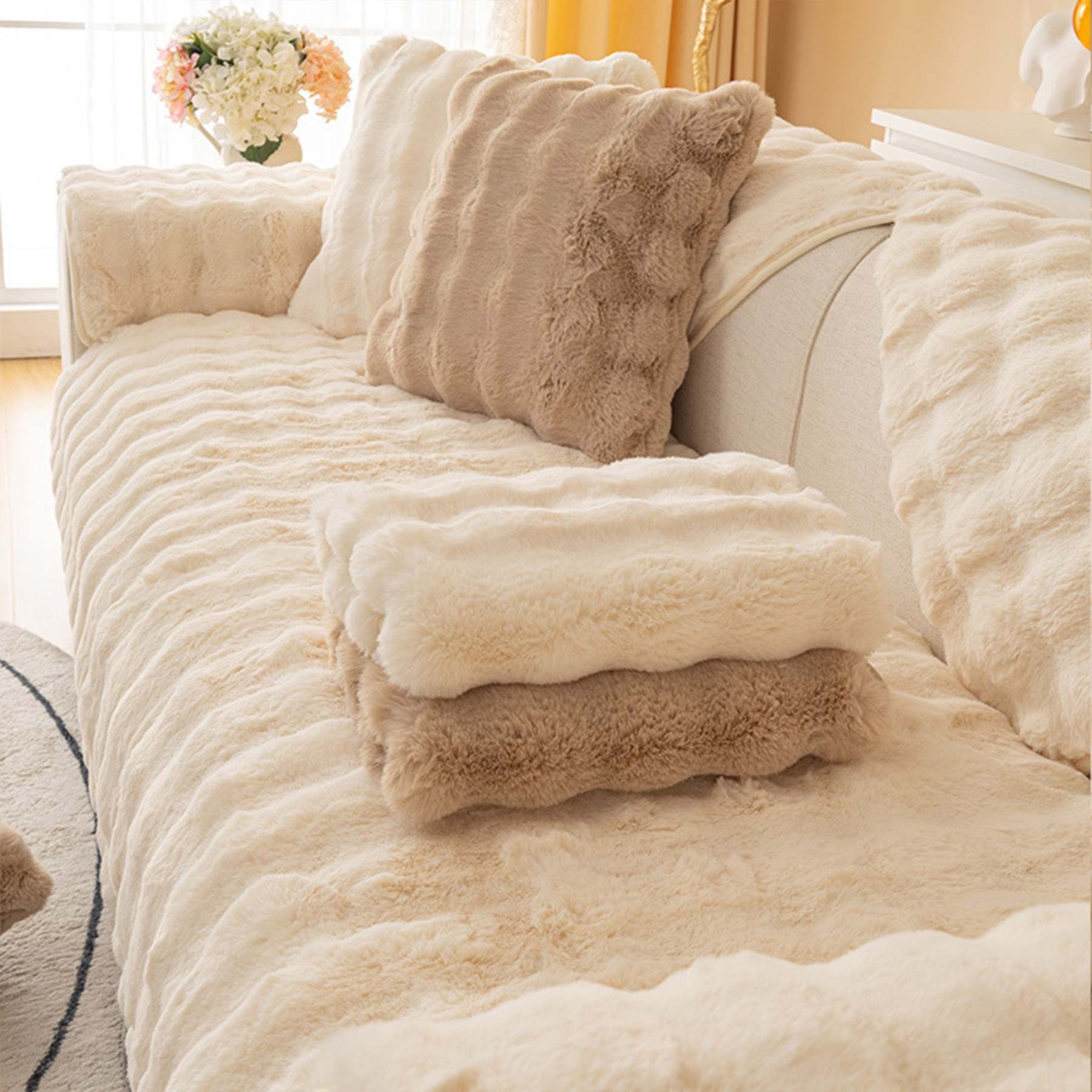 Cloud Plush Wave Faux Rabbit Fur Nonslip Sofa/Couch Cover