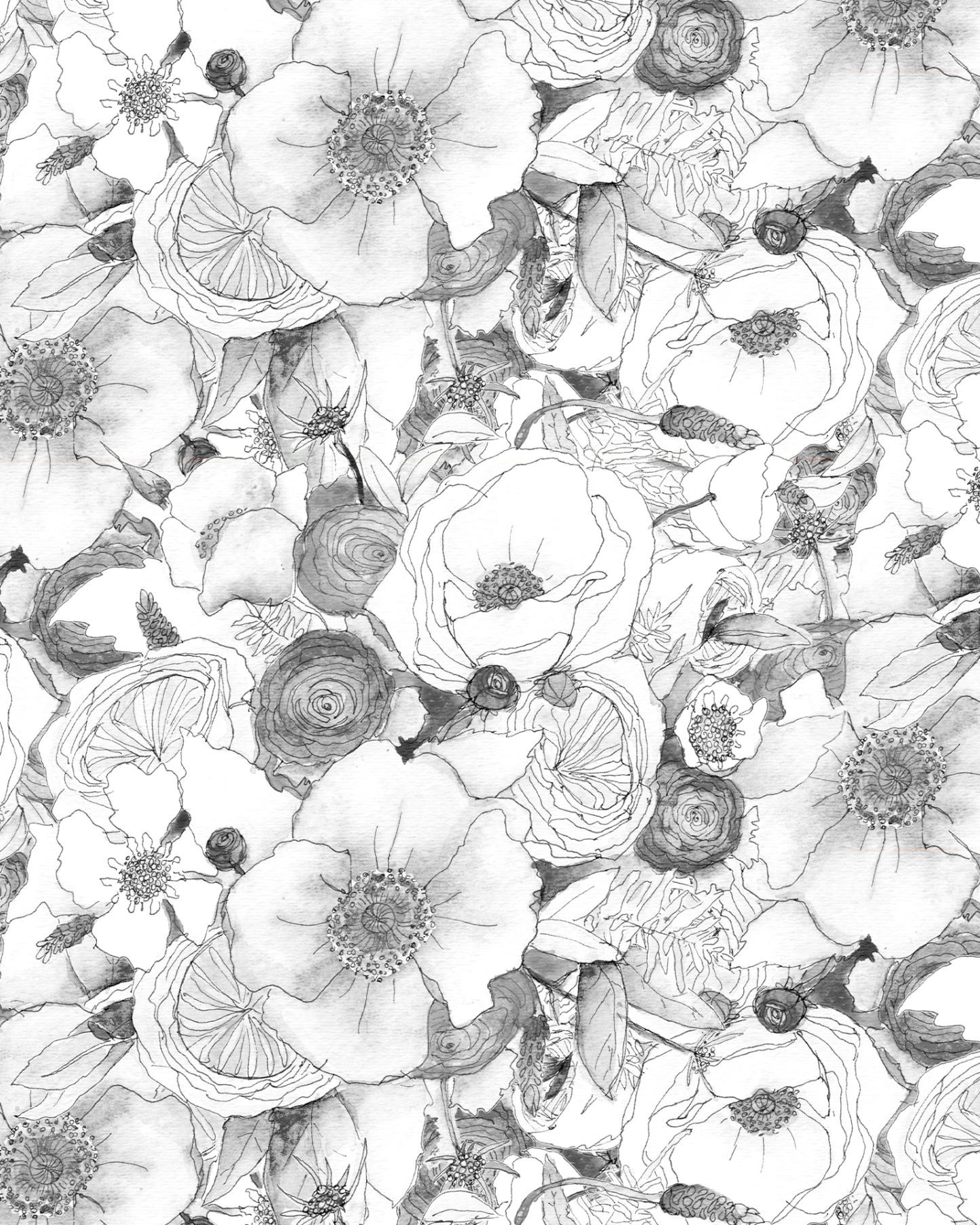 Floral Reverie Wallpaper, black and white