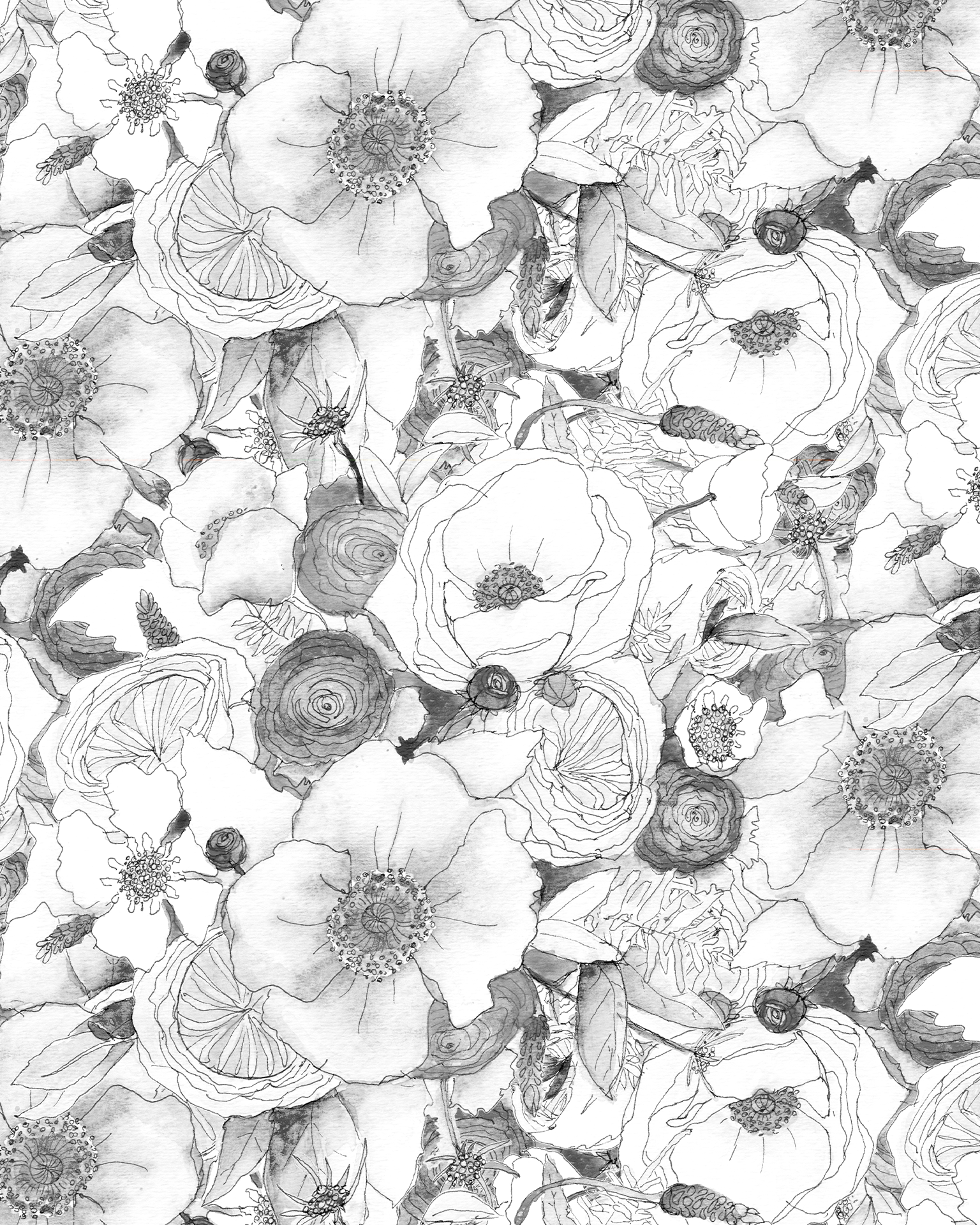 Floral Reverie Wallpaper, black and white