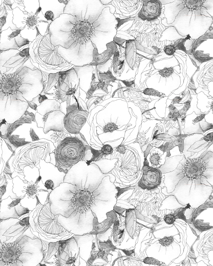 Floral Reverie Wallpaper, black and white