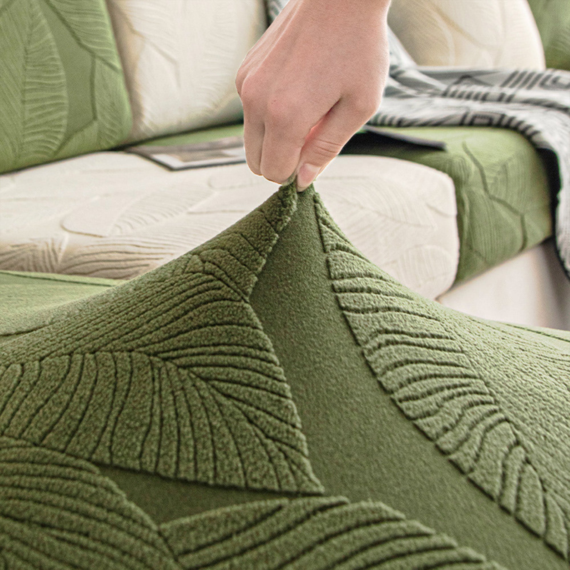 Modern Leaf Velvet Jacquard Stretch Sofa Cover – Waterproof, Pet Friendly & Durable, Full Wrap Design