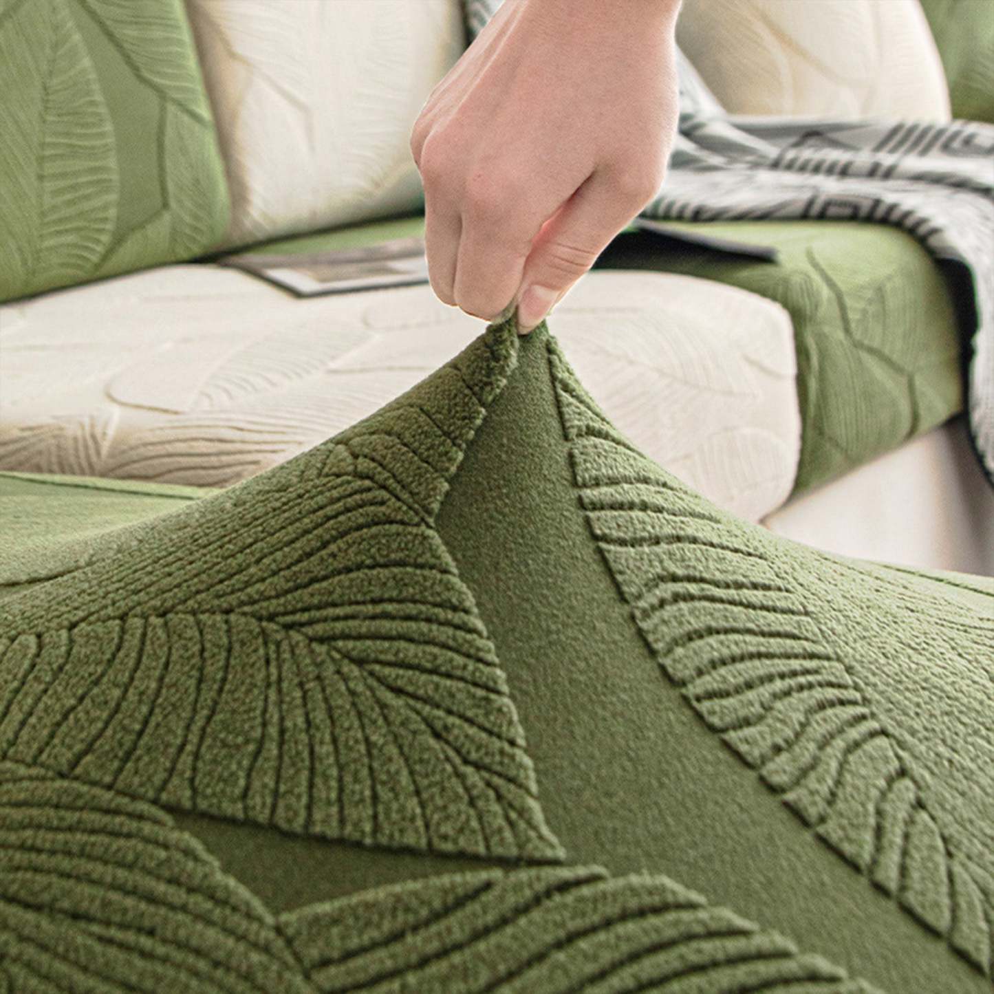 Modern Leaf Velvet Jacquard Stretch Sofa Cover – Waterproof, Pet Friendly & Durable, Full Wrap Design