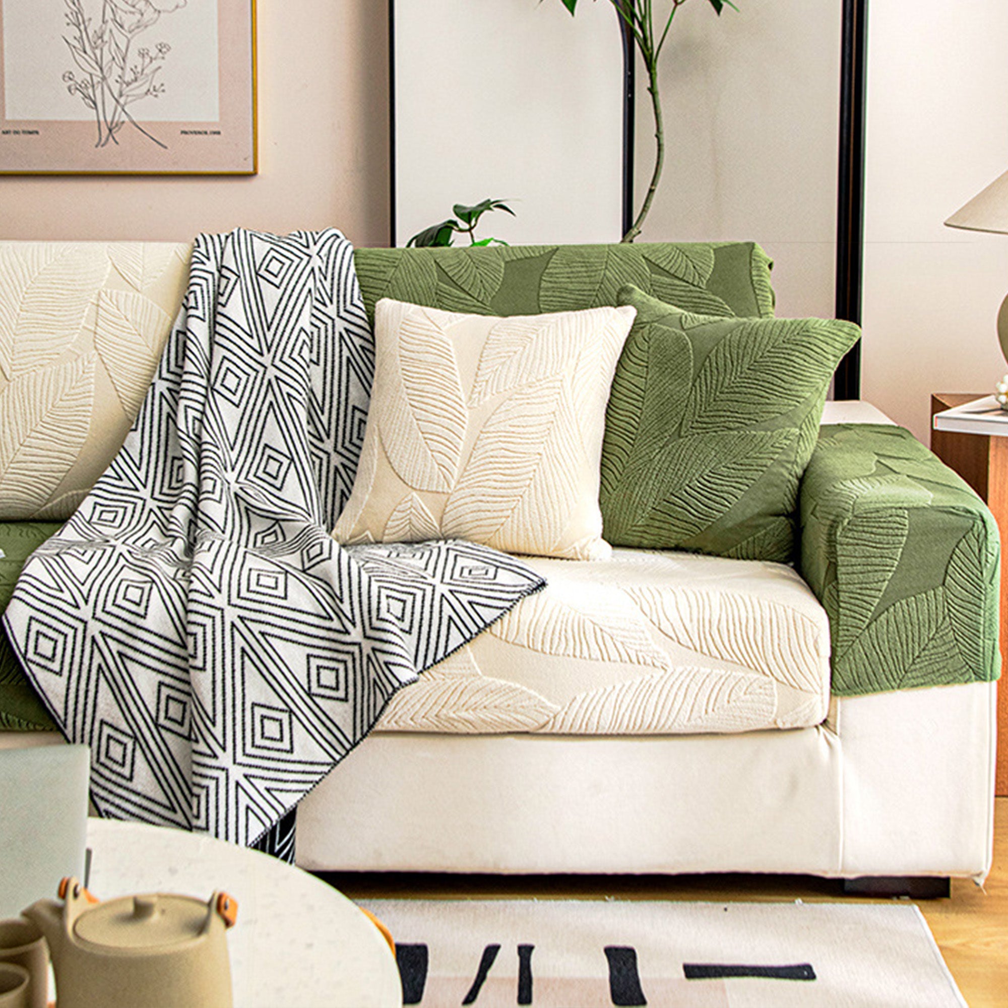 Modern Leaf Velvet Jacquard Stretch Sofa Cover – Waterproof, Pet Friendly & Durable, Full Wrap Design