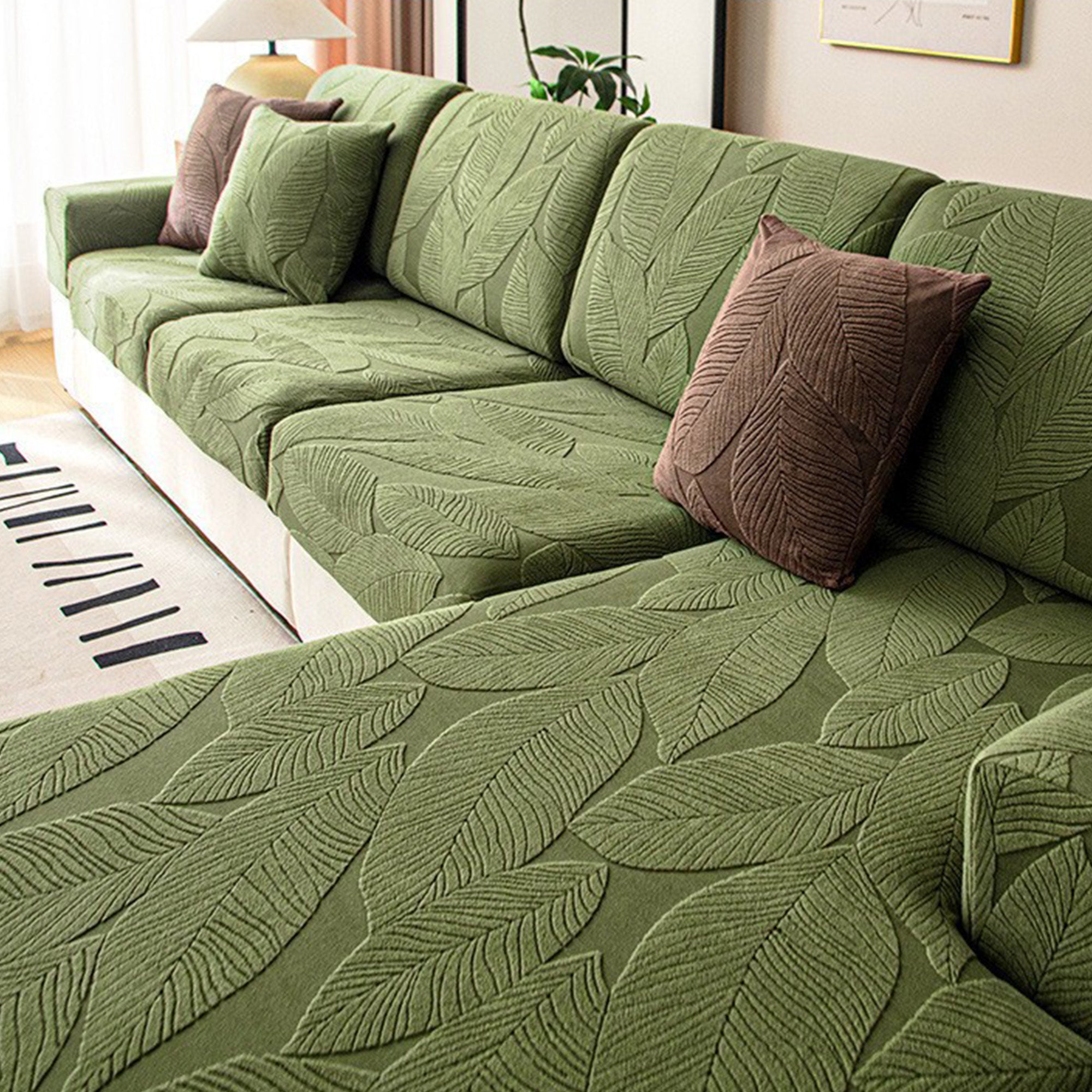Modern Leaf Velvet Jacquard Stretch Sofa Cover – Waterproof, Pet Friendly & Durable, Full Wrap Design