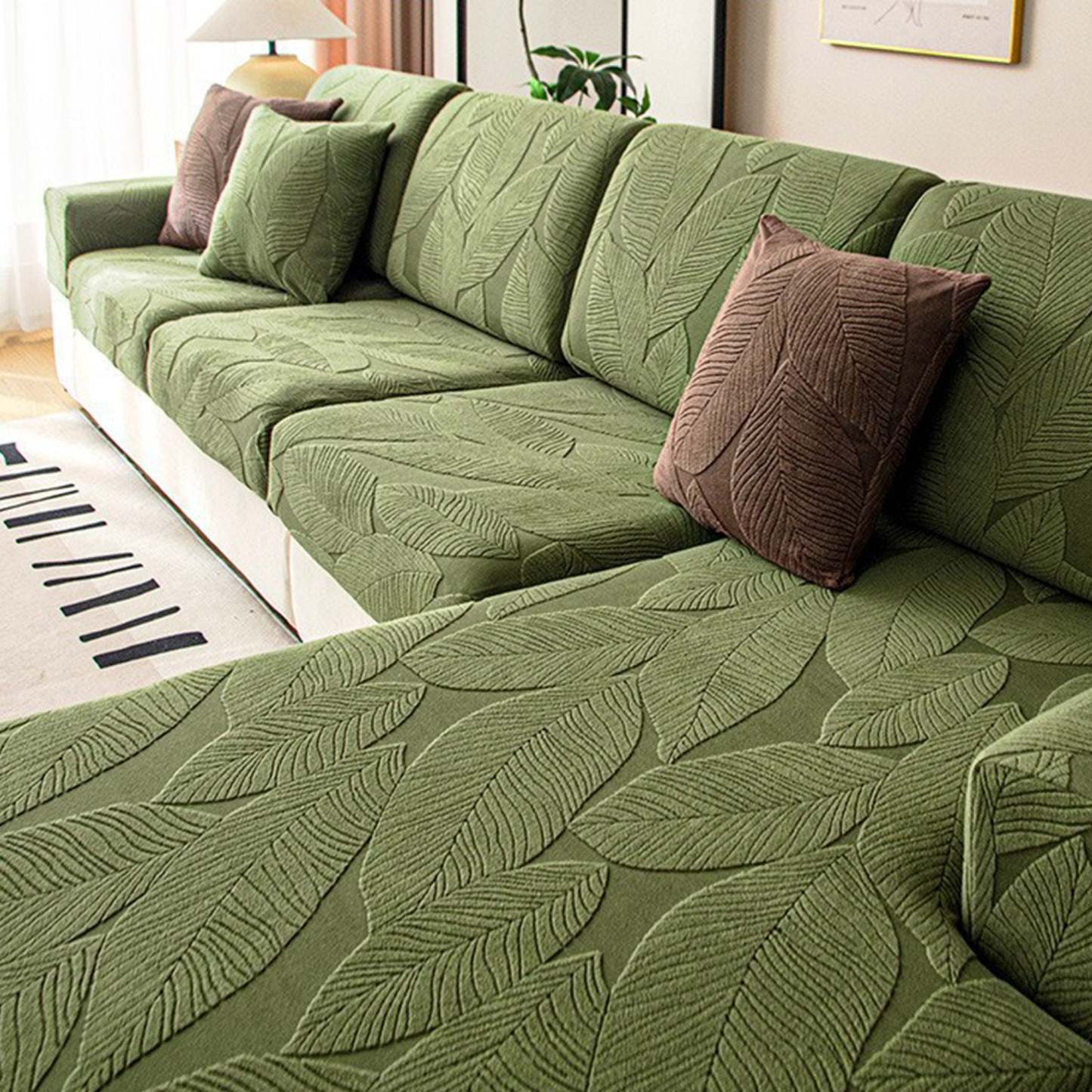 Modern Leaf Velvet Jacquard Stretch Sofa Cover – Waterproof, Pet Friendly & Durable, Full Wrap Design