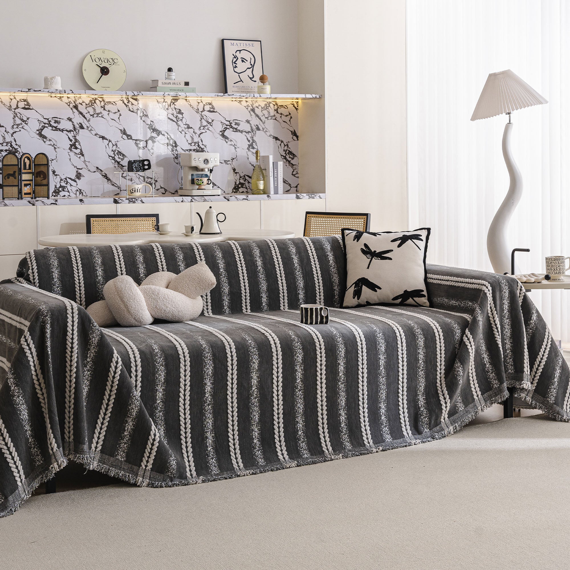 Textured Stripes Contemporary Soft Pet-Friendly Durable Sofa Cover – Machine Washable Minimalist Throw Couch Protection