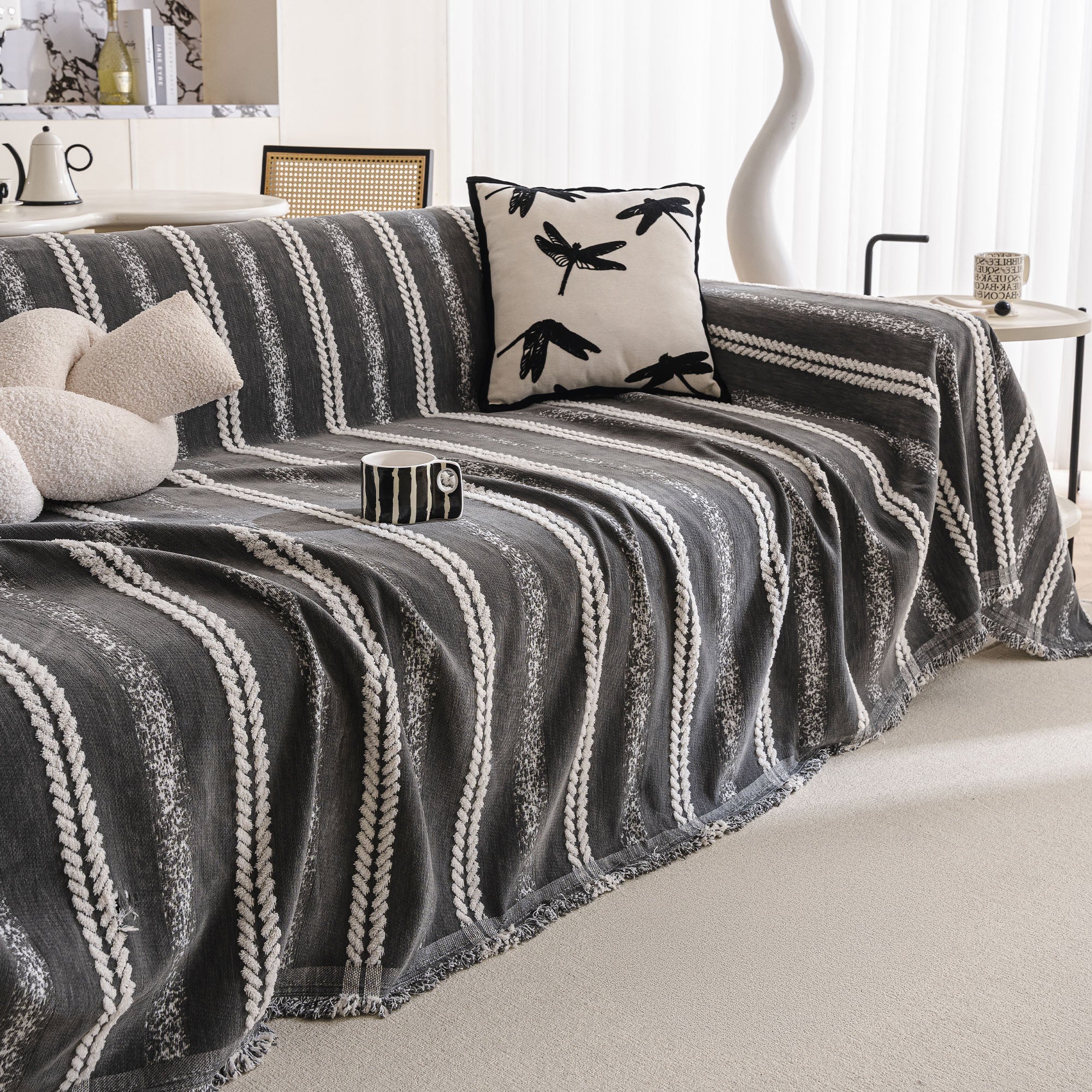 Textured Stripes Contemporary Soft Pet-Friendly Durable Sofa Cover – Machine Washable Minimalist Throw Couch Protection