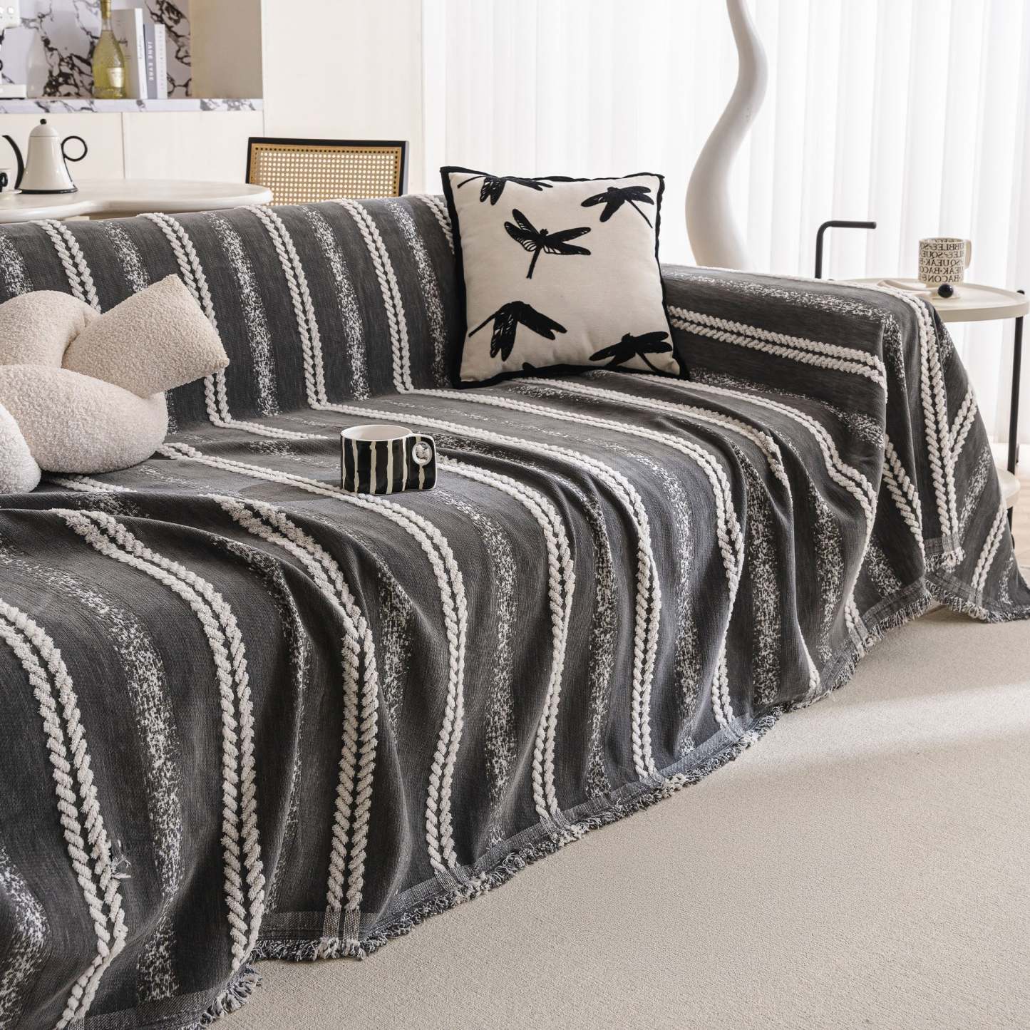 Textured Stripes Contemporary Soft Pet-Friendly Durable Sofa Cover – Machine Washable Minimalist Throw Couch Protection