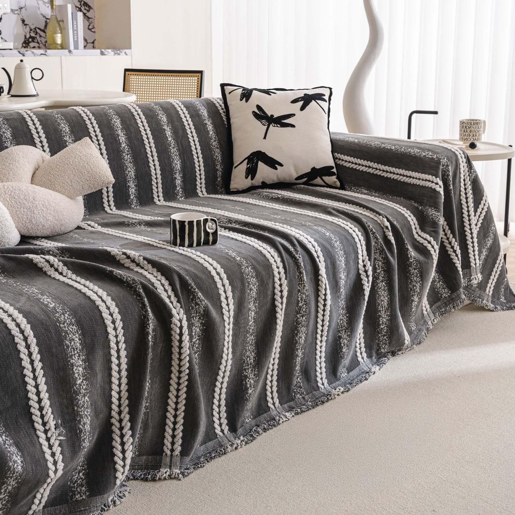 Textured Stripes Contemporary Soft Pet-Friendly Durable Sofa Cover – Machine Washable Minimalist Throw Couch Protection