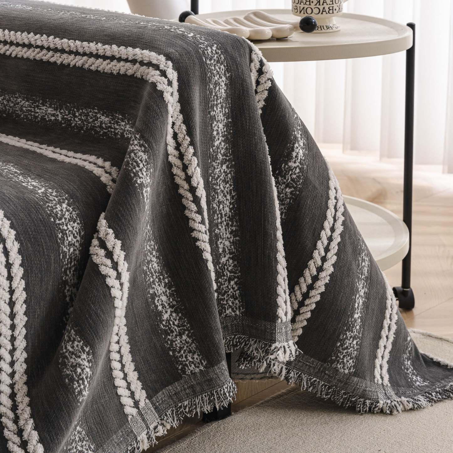 Textured Stripes Contemporary Soft Pet-Friendly Durable Sofa Cover – Machine Washable Minimalist Throw Couch Protection