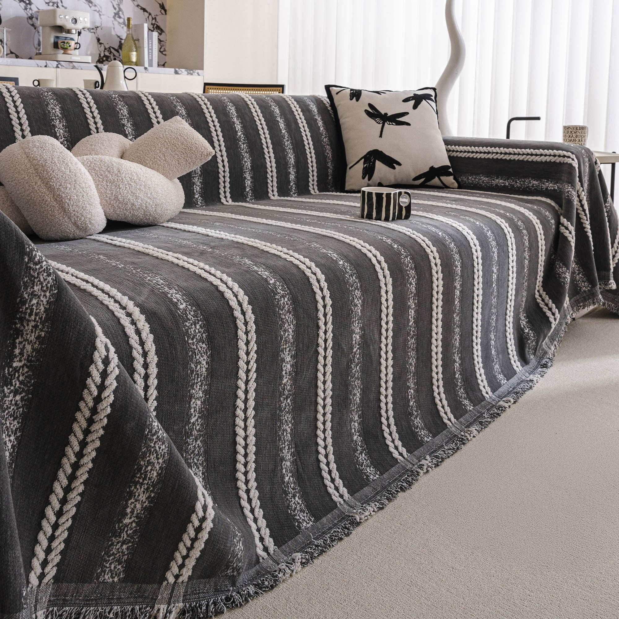 Textured Stripes Contemporary Soft Pet-Friendly Durable Sofa Cover – Machine Washable Minimalist Throw Couch Protection