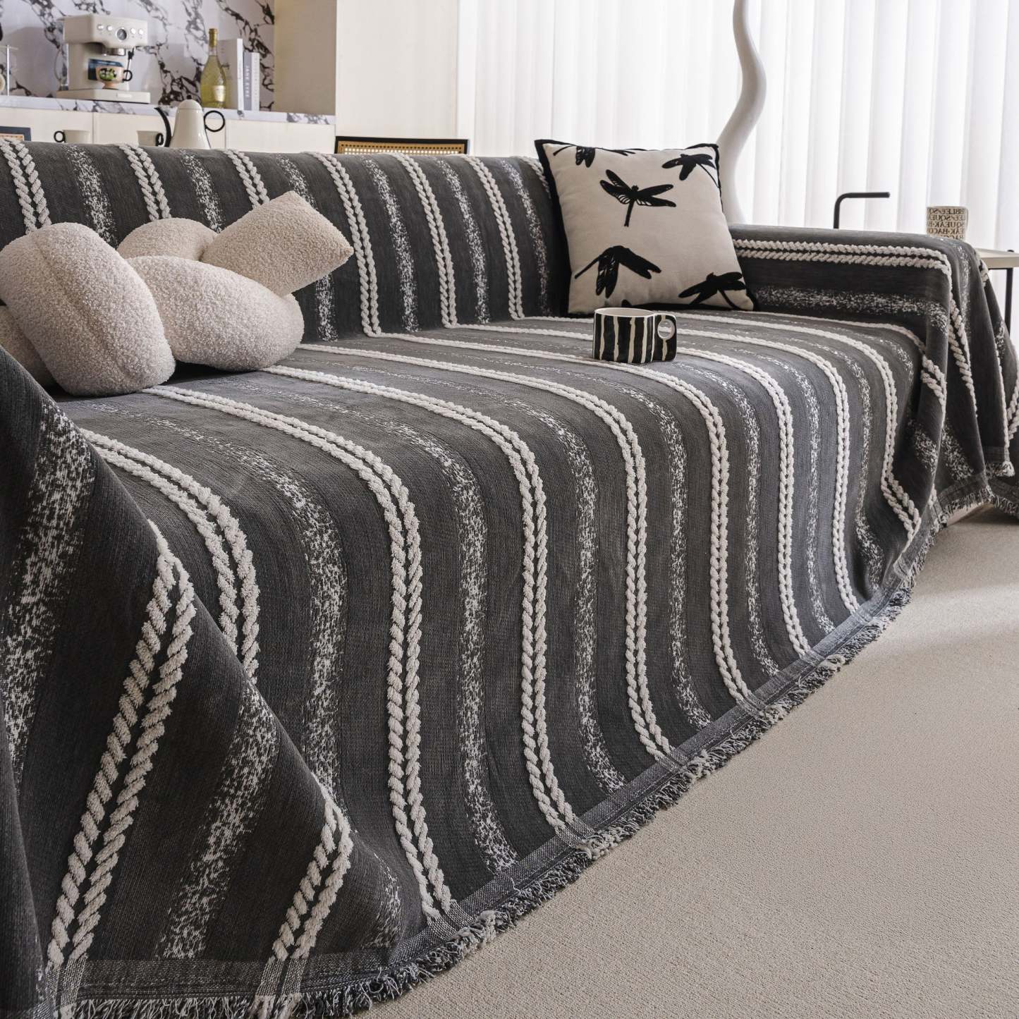 Textured Stripes Contemporary Soft Pet-Friendly Durable Sofa Cover – Machine Washable Minimalist Throw Couch Protection