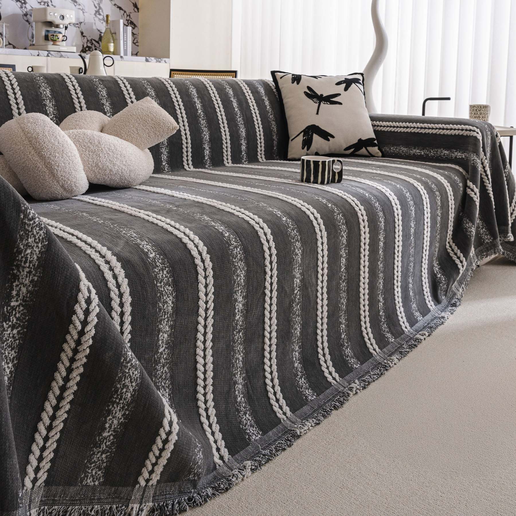 Textured Stripes Contemporary Soft Pet-Friendly Durable Sofa Cover – Machine Washable Minimalist Throw Couch Protection