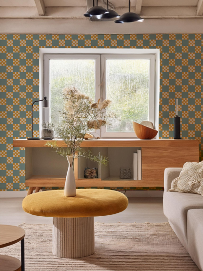 Checkered Quilt Wallpaper, light blue and yellow