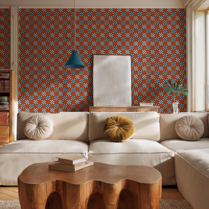 Checkered Quilt Wallpaper, rust, peach & blue
