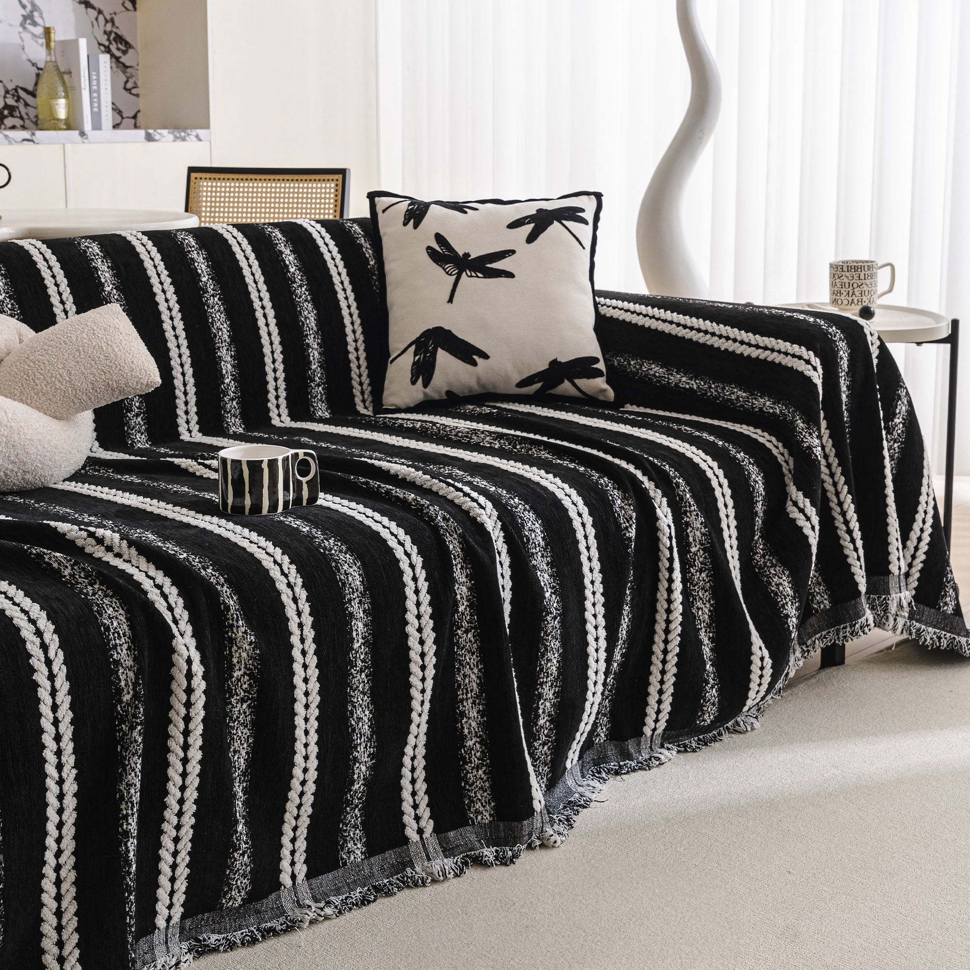 Textured Stripes Contemporary Soft Pet-Friendly Durable Sofa Cover – Machine Washable Minimalist Throw Couch Protection