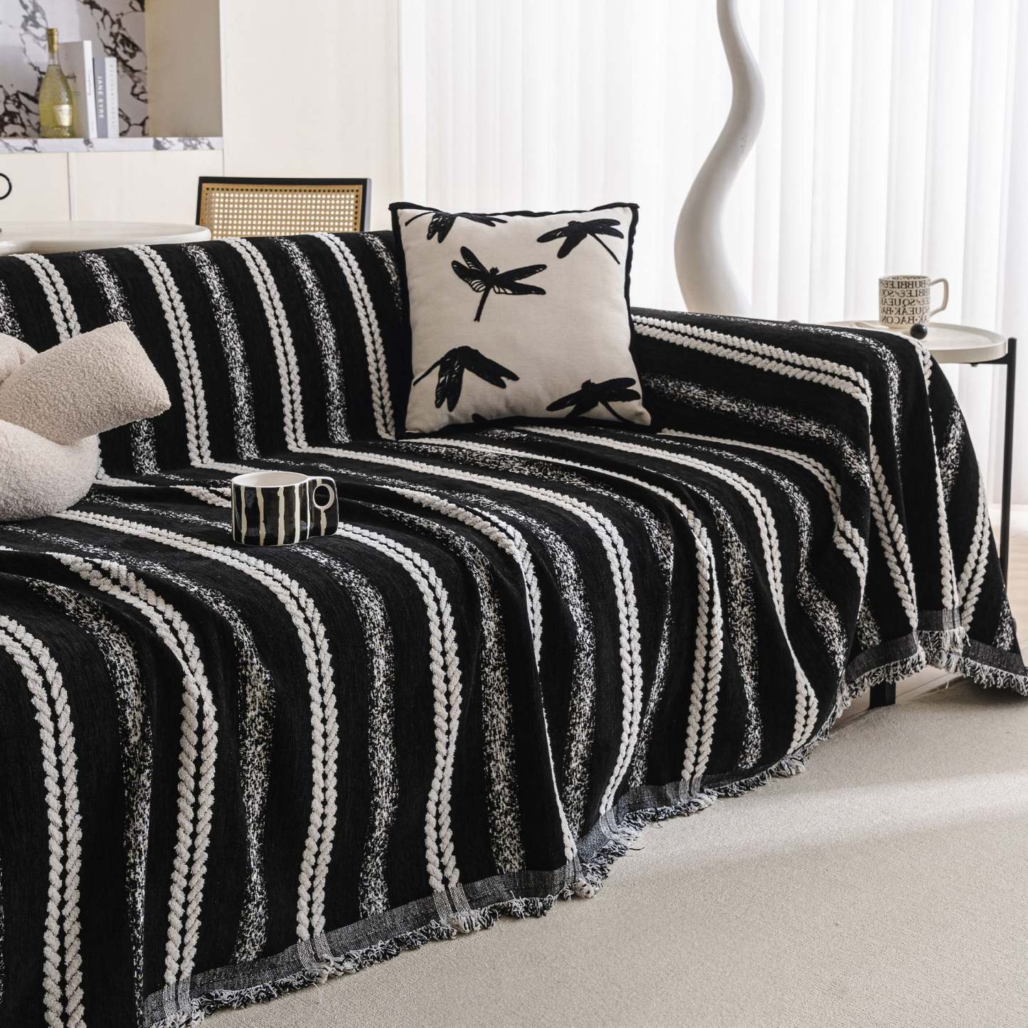 Textured Stripes Contemporary Soft Pet-Friendly Durable Sofa Cover – Machine Washable Minimalist Throw Couch Protection