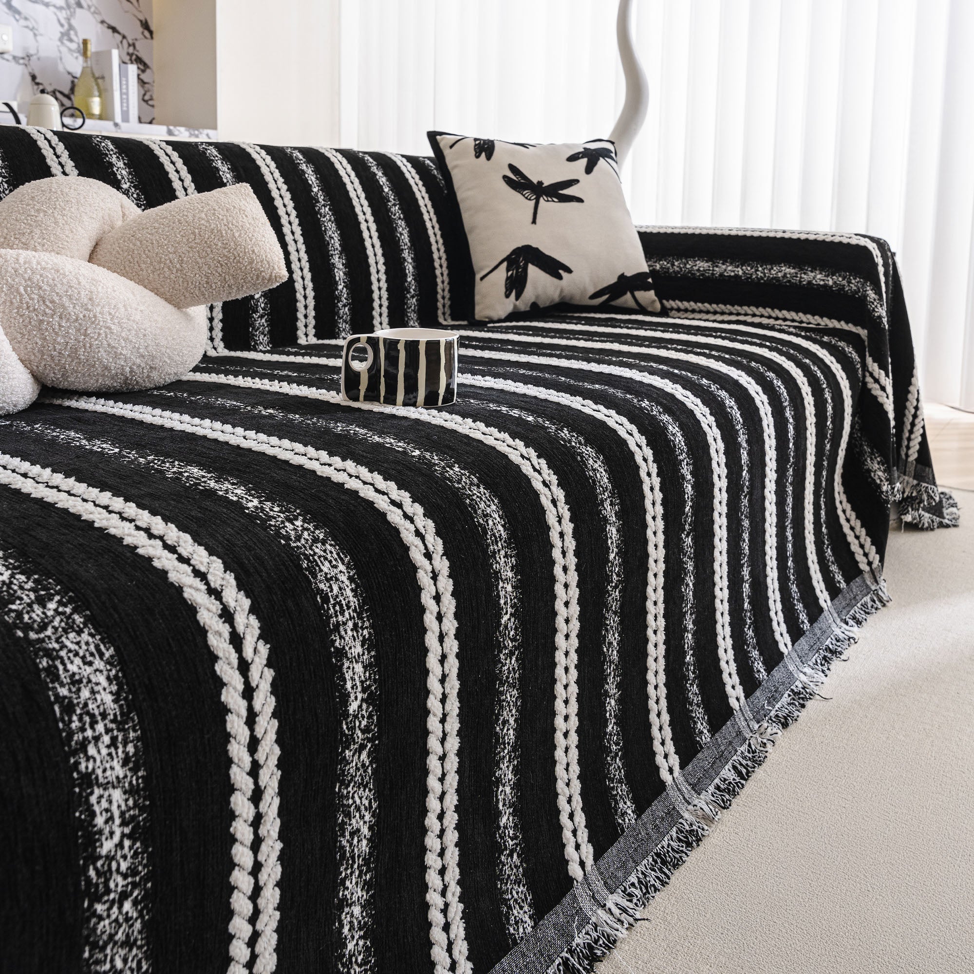 Textured Stripes Contemporary Soft Pet-Friendly Durable Sofa Cover – Machine Washable Minimalist Throw Couch Protection