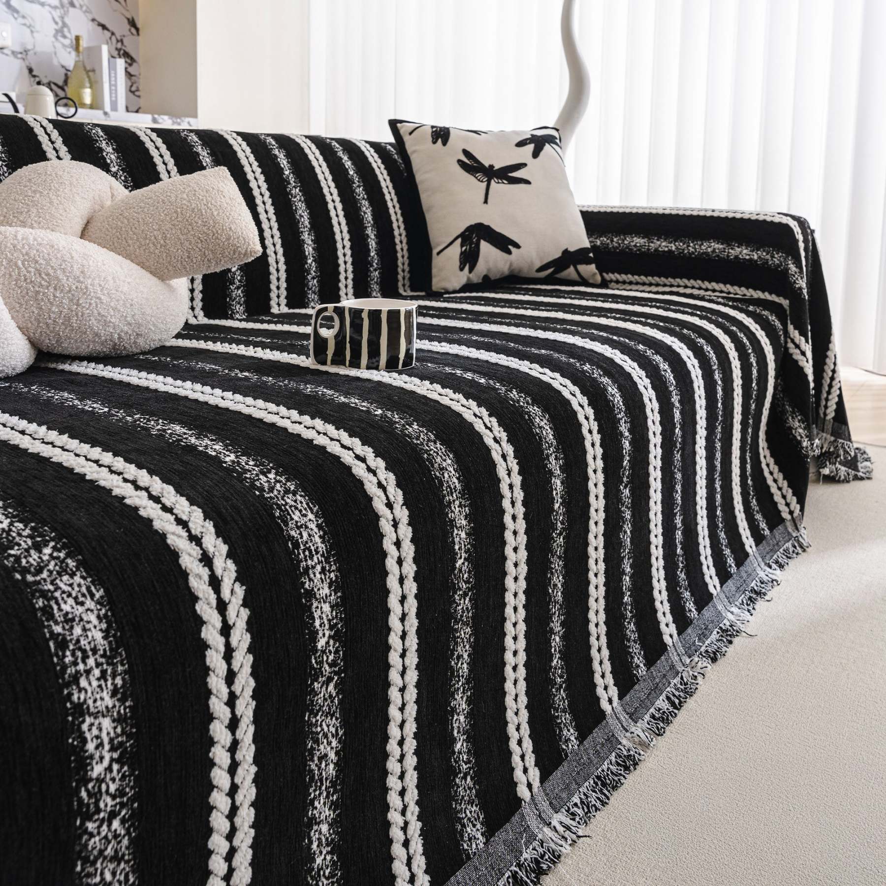 Textured Stripes Contemporary Soft Pet-Friendly Durable Sofa Cover – Machine Washable Minimalist Throw Couch Protection