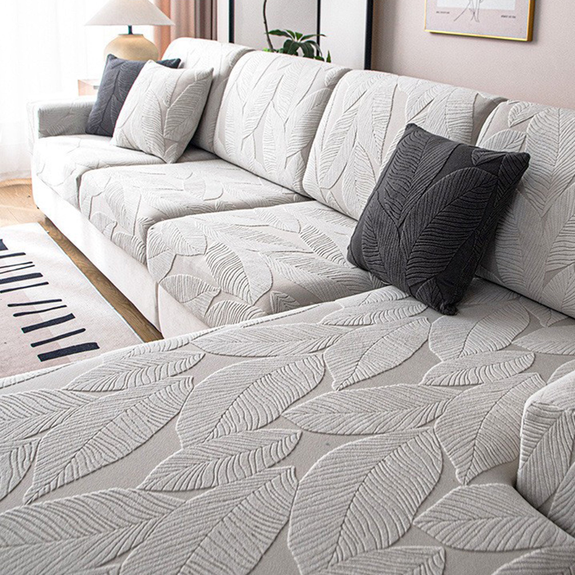 Modern Leaf Velvet Jacquard Stretch Sofa Cover – Waterproof, Pet Friendly & Durable, Full Wrap Design