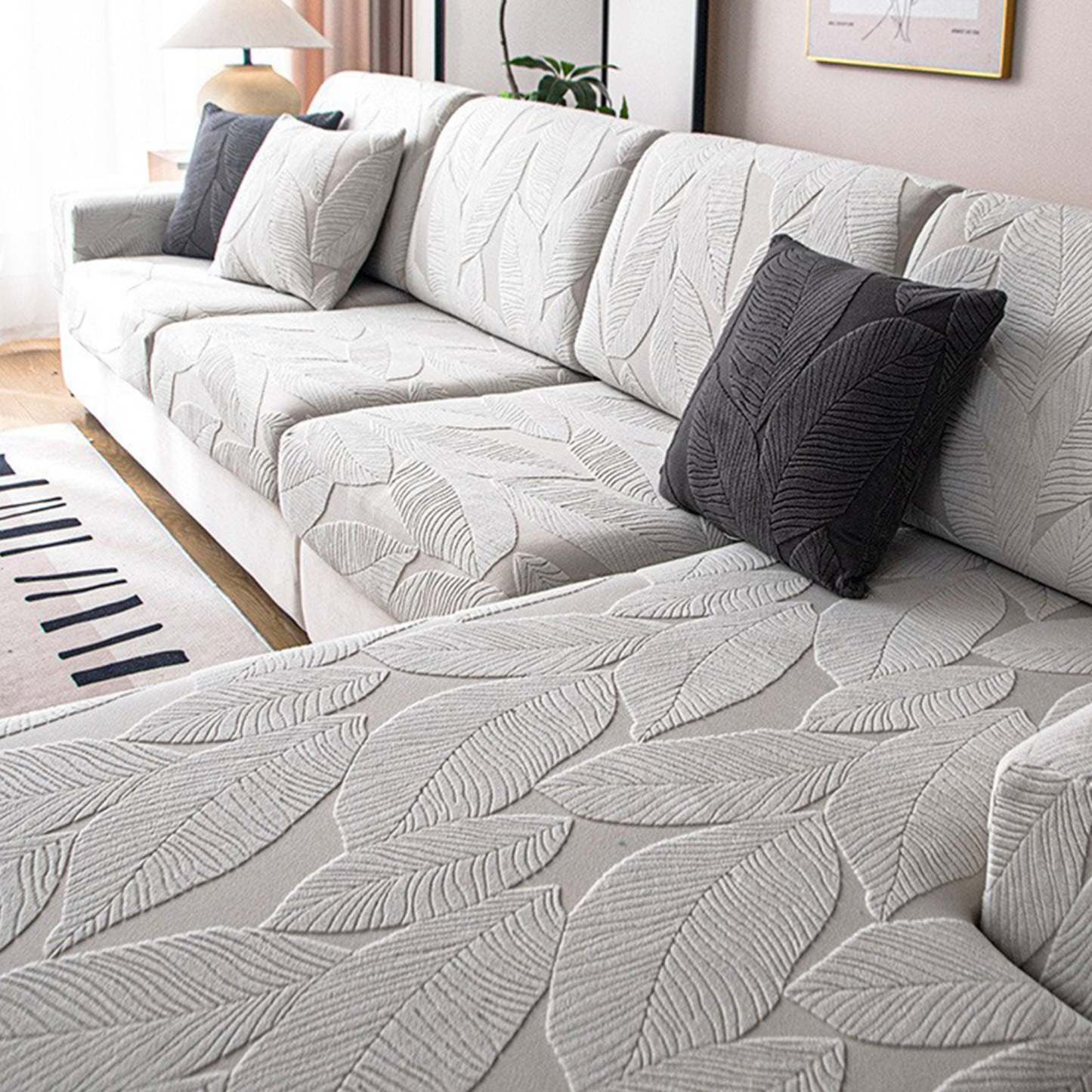Modern Leaf Velvet Jacquard Stretch Sofa Cover – Waterproof, Pet Friendly & Durable, Full Wrap Design