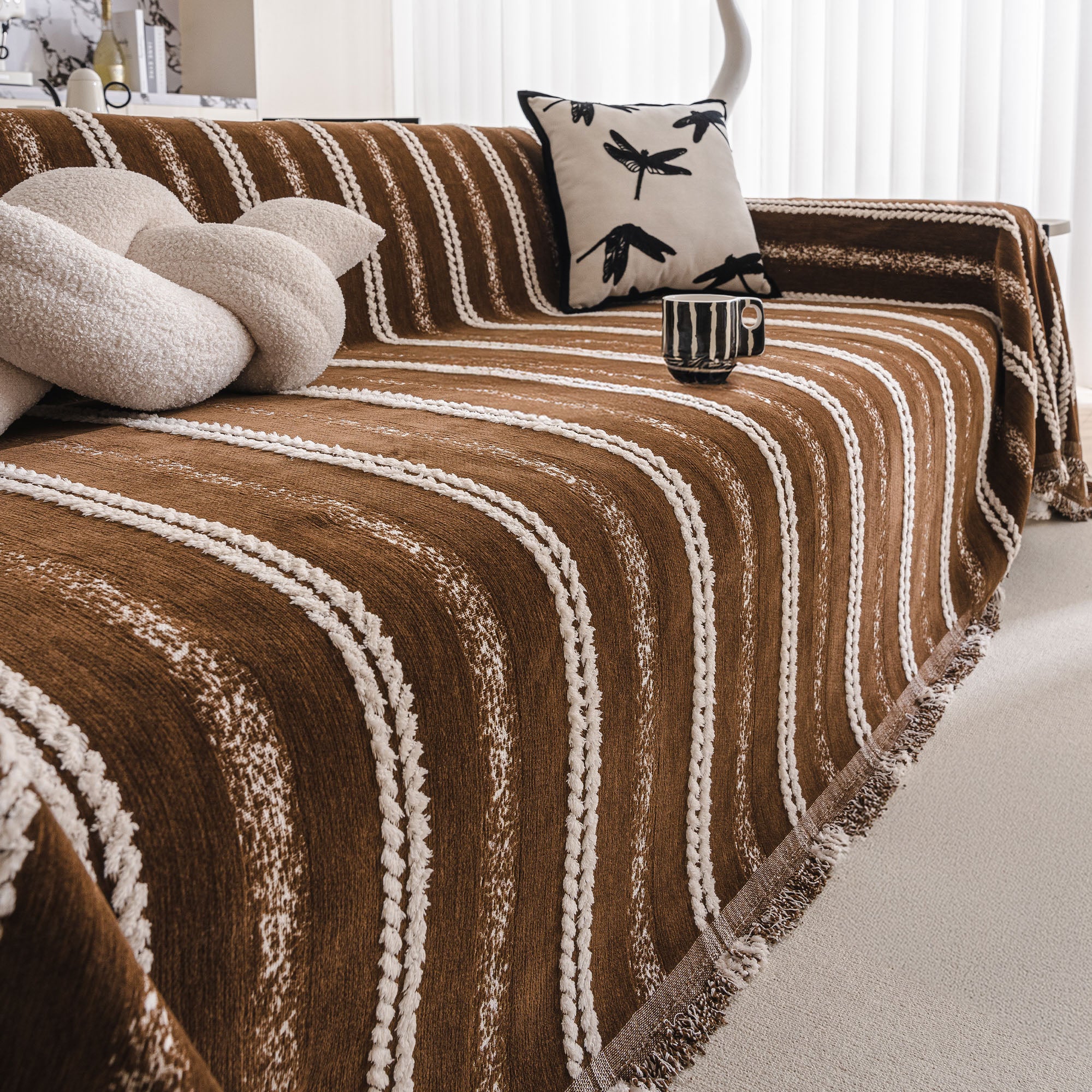 Textured Stripes Contemporary Soft Pet-Friendly Durable Sofa Cover – Machine Washable Minimalist Throw Couch Protection