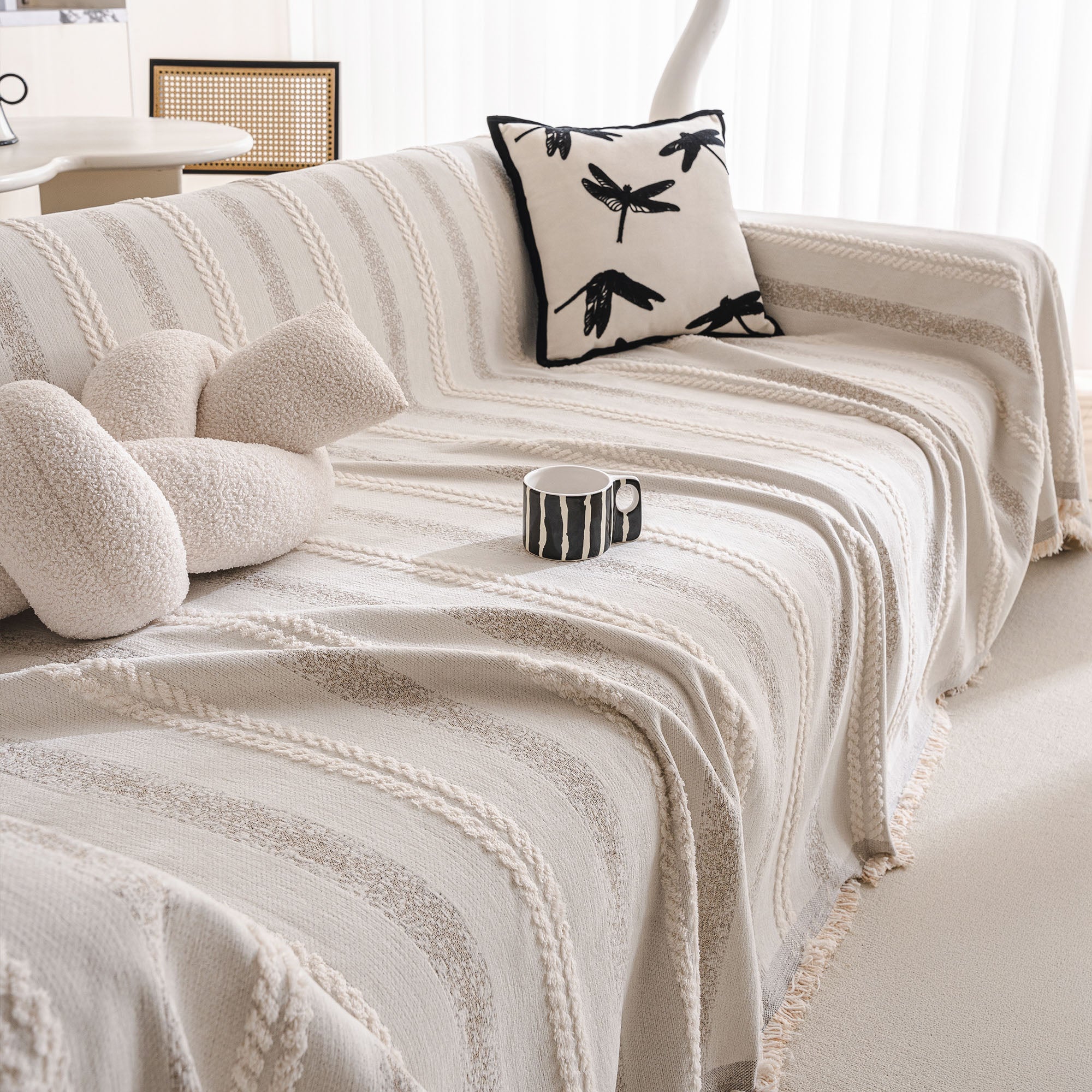 Textured Stripes Contemporary Soft Pet-Friendly Durable Sofa Cover – Machine Washable Minimalist Throw Couch Protection