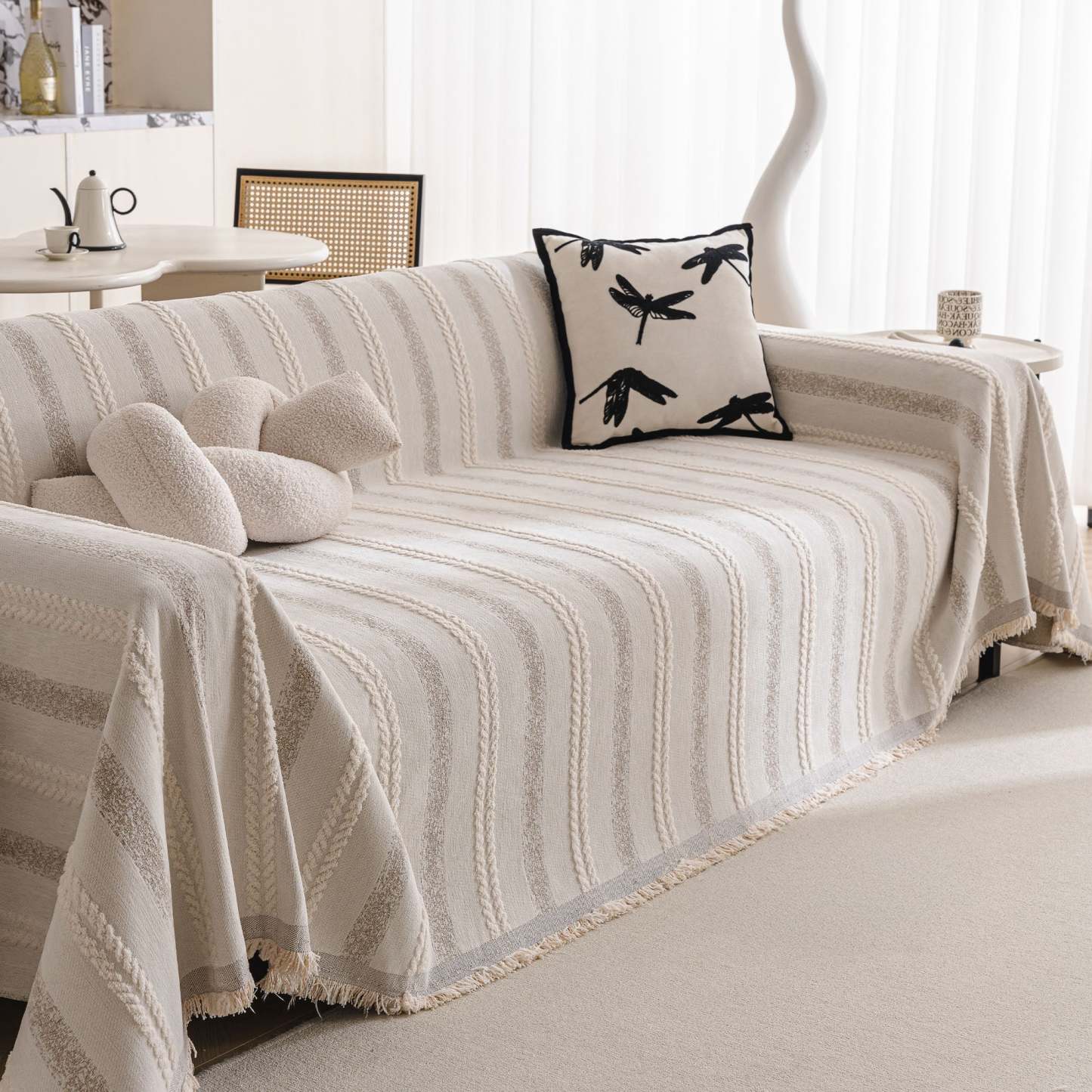 Textured Stripes Contemporary Soft Pet-Friendly Durable Sofa Cover – Machine Washable Minimalist Throw Couch Protection