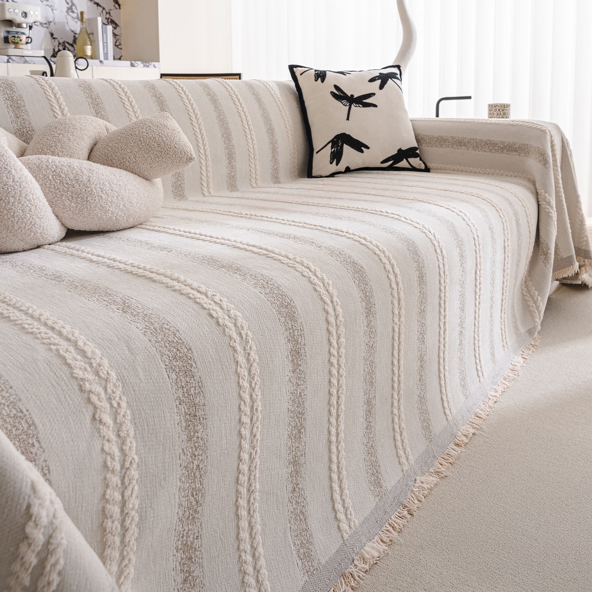 Textured Stripes Contemporary Soft Pet-Friendly Durable Sofa Cover – Machine Washable Minimalist Throw Couch Protection