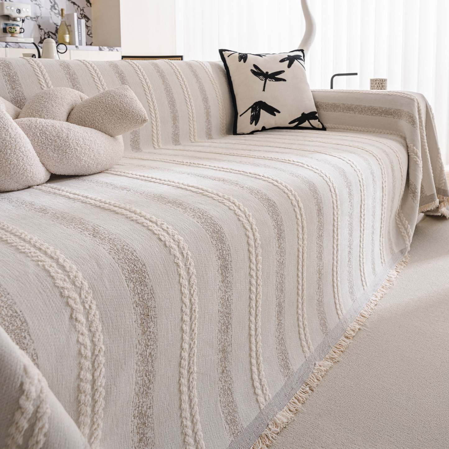 Textured Stripes Contemporary Soft Pet-Friendly Durable Sofa Cover – Machine Washable Minimalist Throw Couch Protection