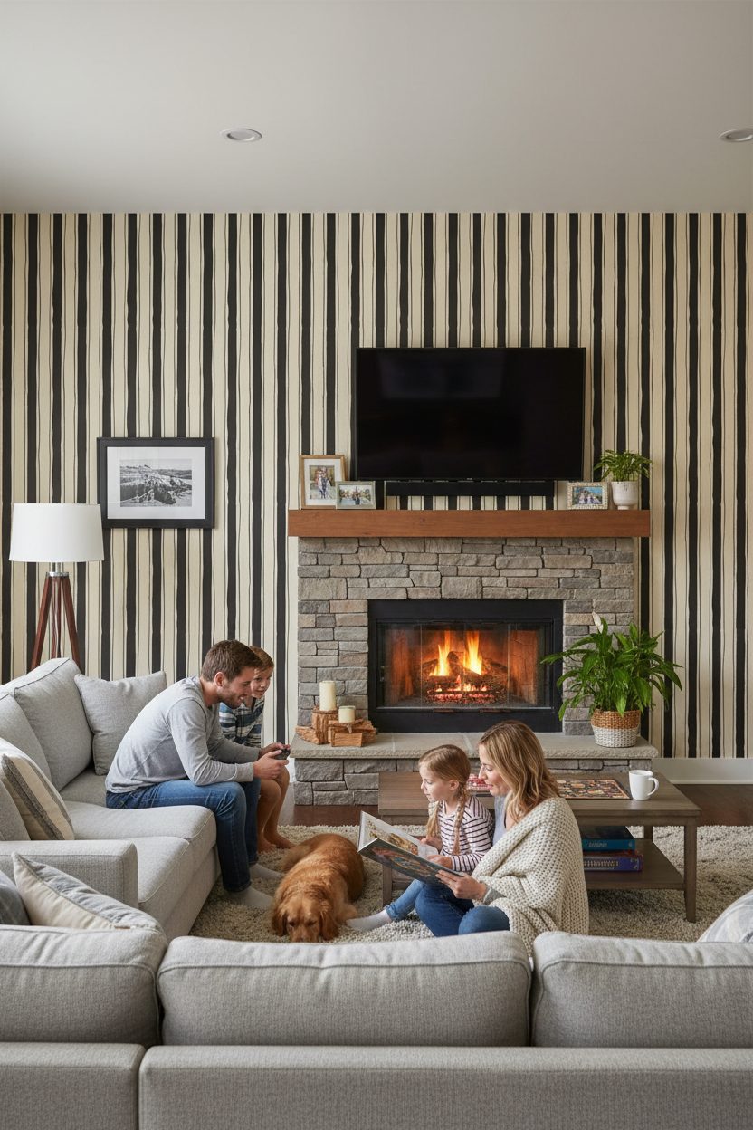 Riviera Stripe Wallpaper, off-white and black