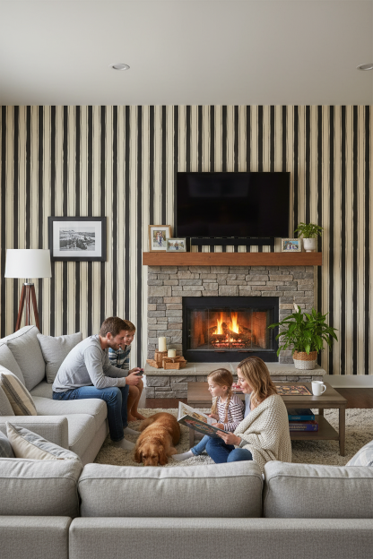 Riviera Stripe Wallpaper, off-white and black