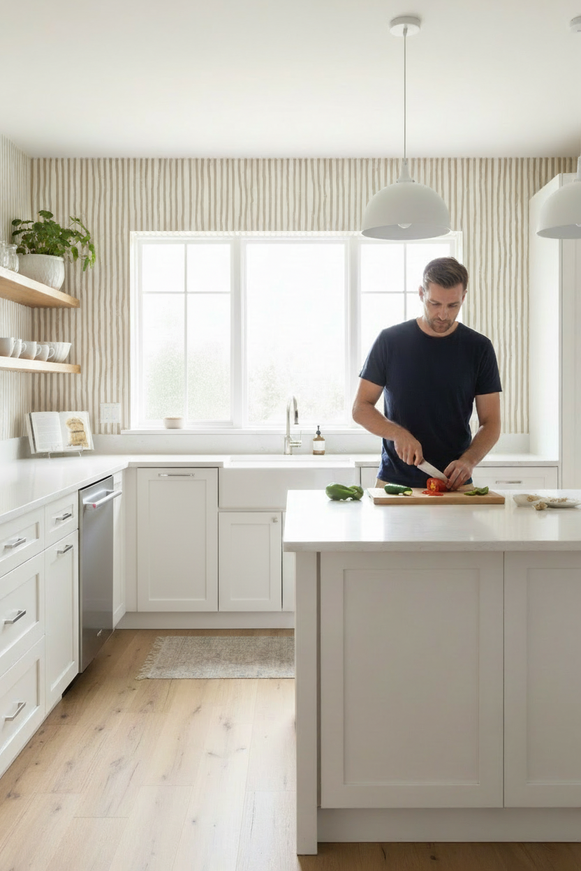 Dolce Stripe Wallpaper, off-white and tan