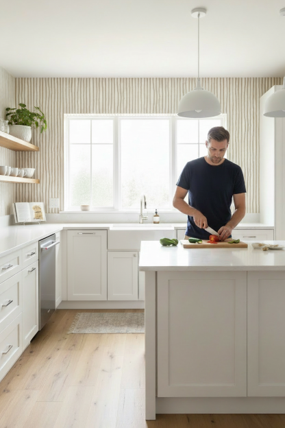 Dolce Stripe Wallpaper, off-white and tan