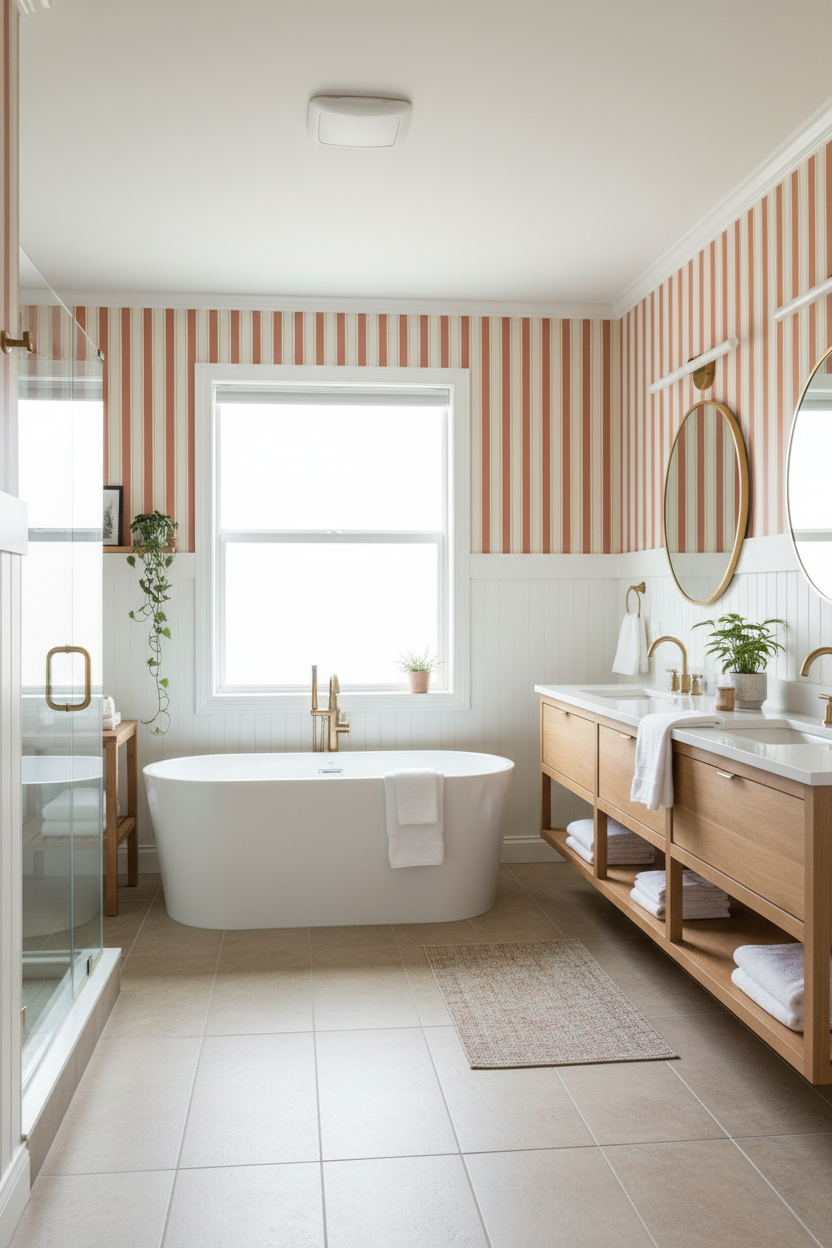 Riviera Stripe Wallpaper, off-white and terra cotta