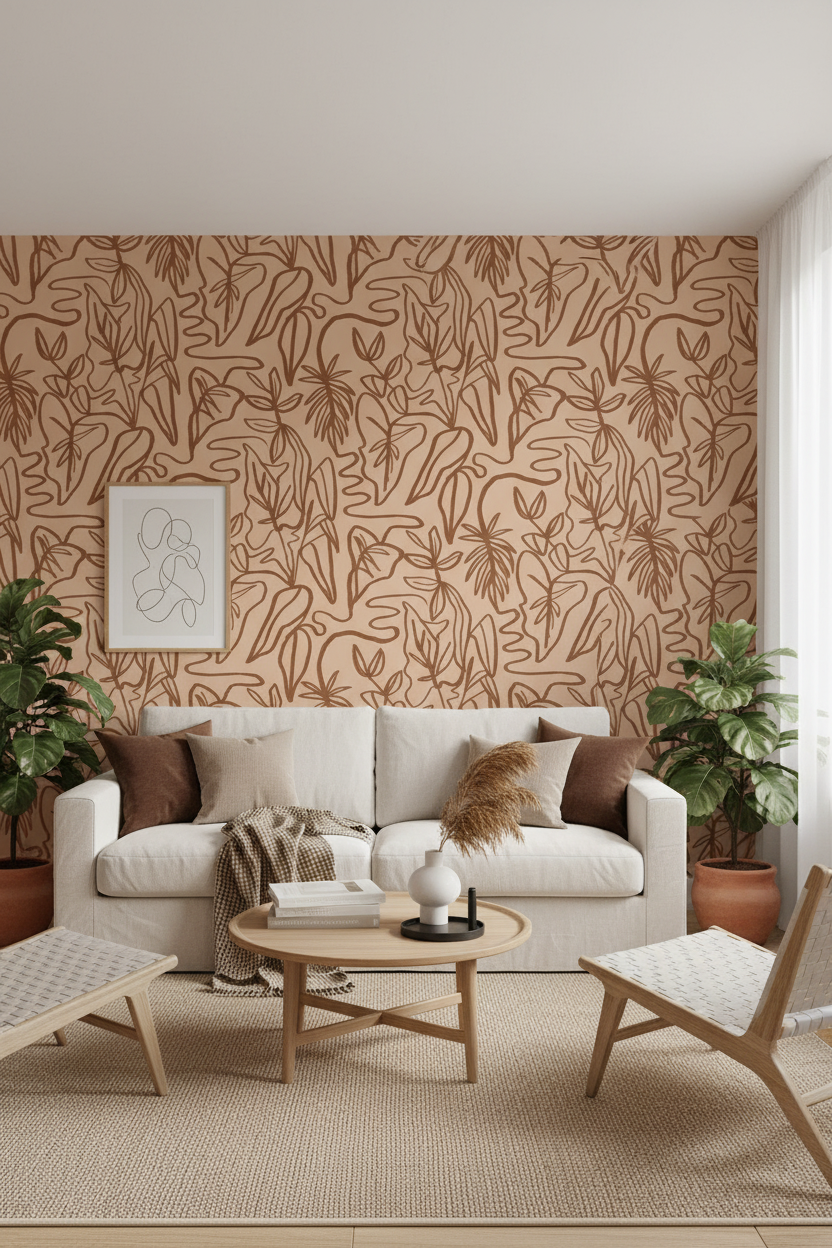 Inked Foliage Wallpaper, peach and rust