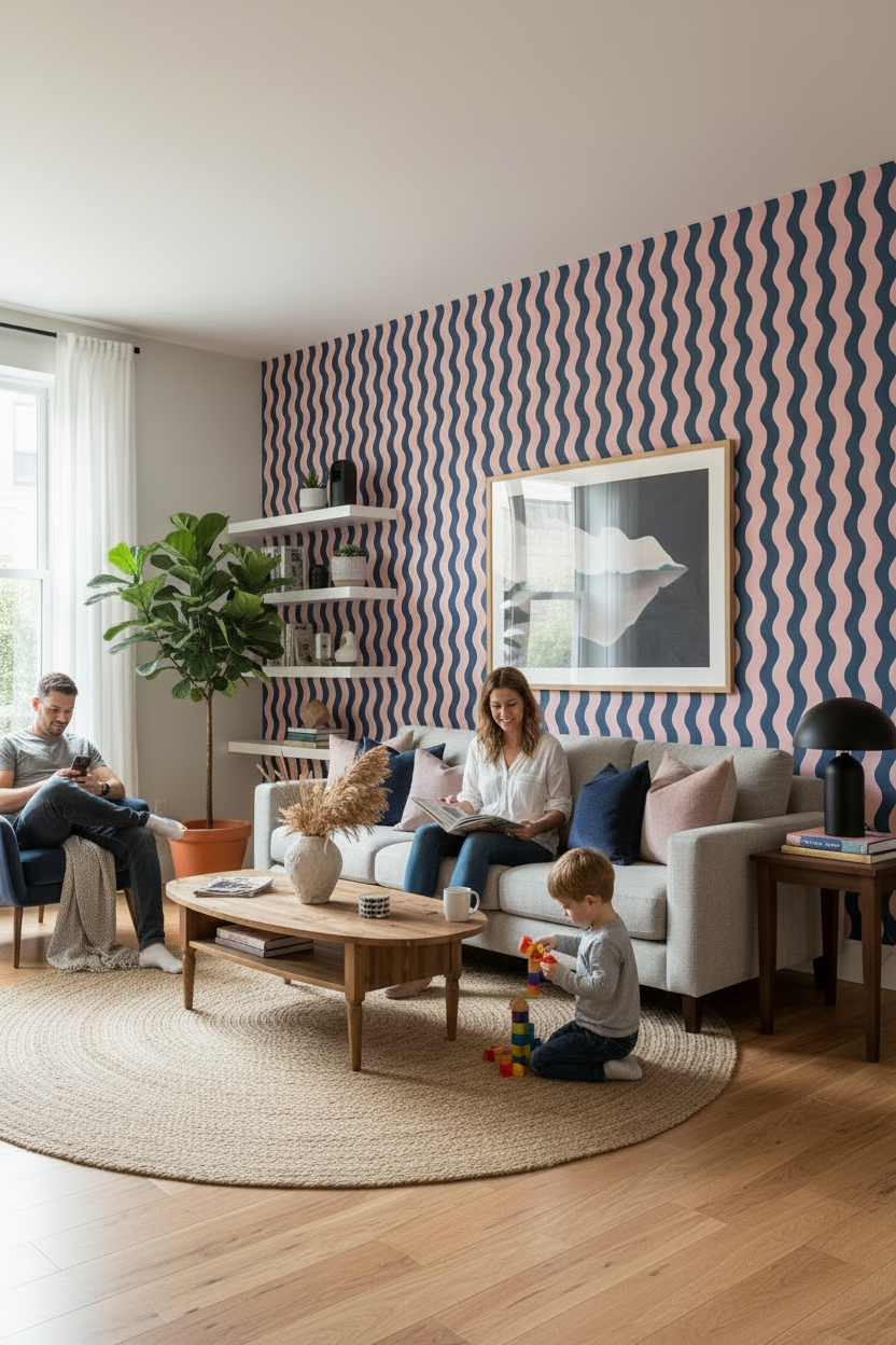 Ziggy Stripe Wallpaper, blue and pink