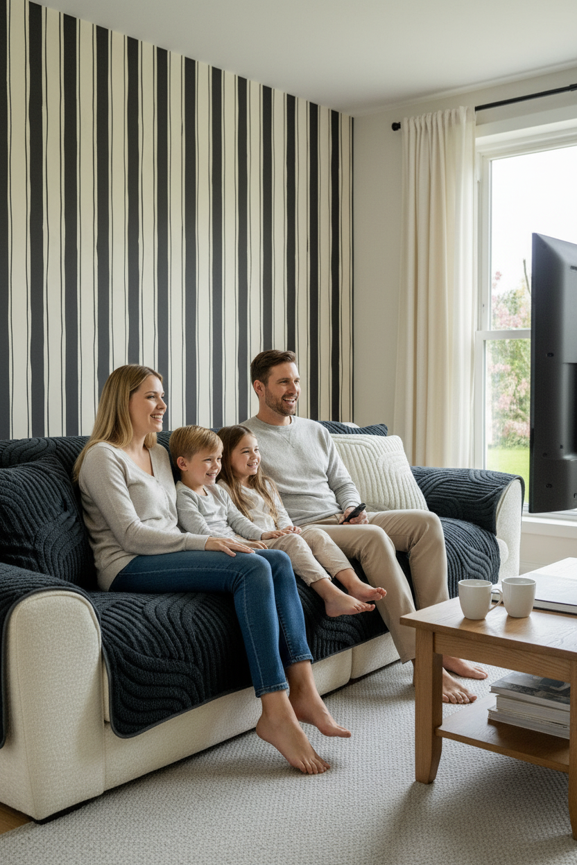 Riviera Stripe Wallpaper, off-white and black