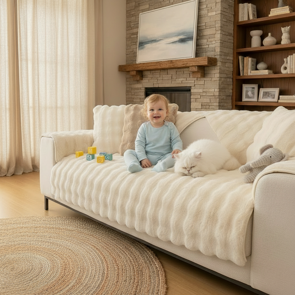 Cloud Plush Wave Faux Rabbit Fur Nonslip Sofa/Couch Cover