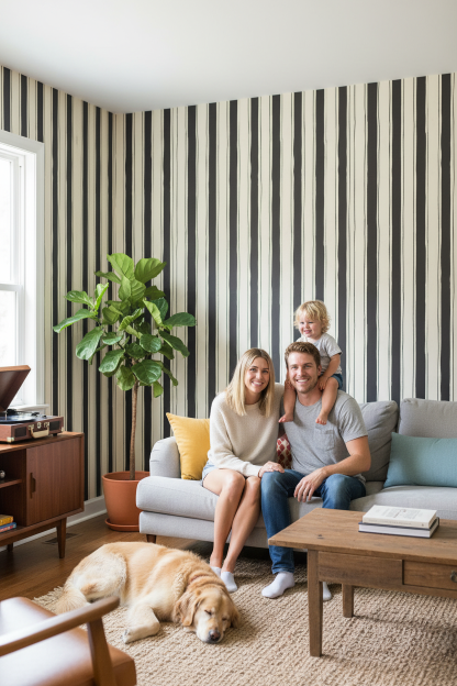 Riviera Stripe Wallpaper, off-white and black