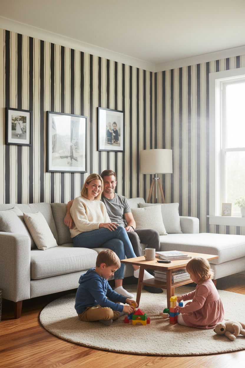 Riviera Stripe Wallpaper, off-white and black
