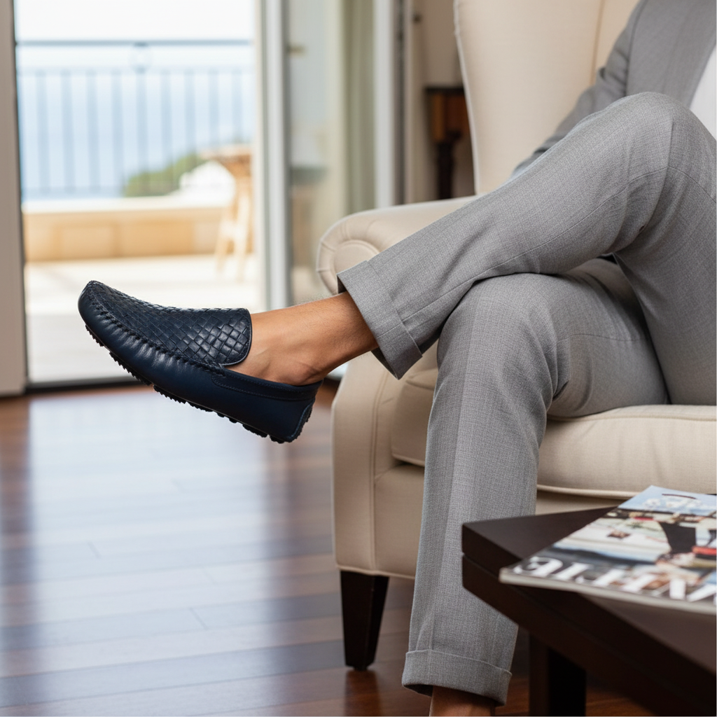 Men's Handcrafted Woven Calf Leather Driving Moccasins-ENJOYHOMETECH