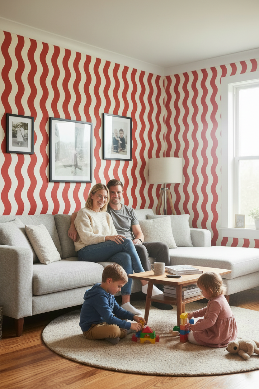 Ziggy Stripe Wallpaper, white and brick red