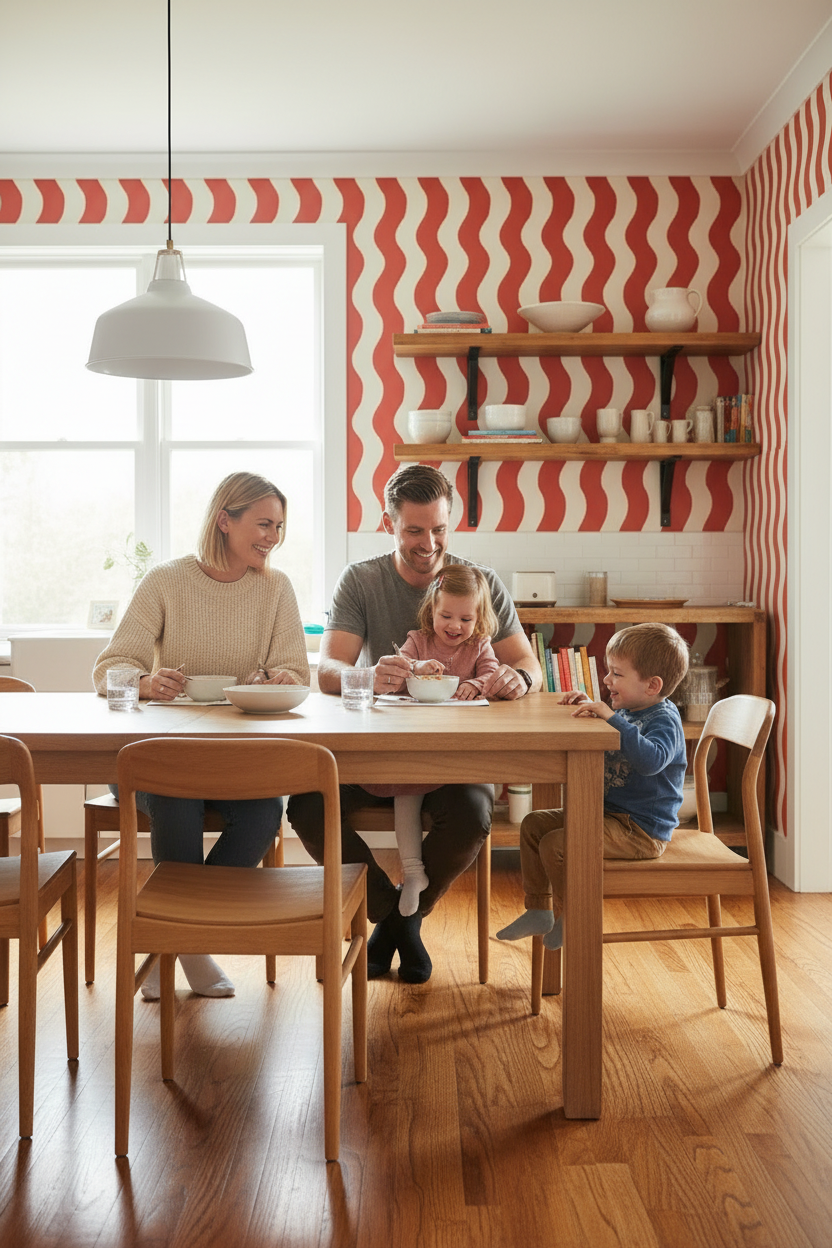 Ziggy Stripe Wallpaper, white and brick red