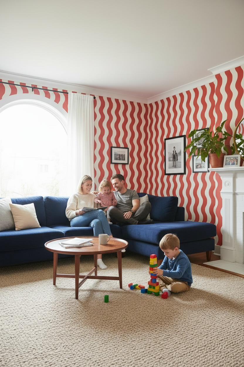 Ziggy Stripe Wallpaper, white and brick red