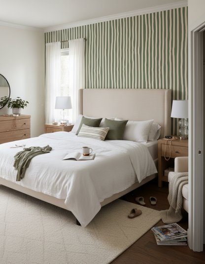 Dolce Stripe Wallpaper, olive green and tan