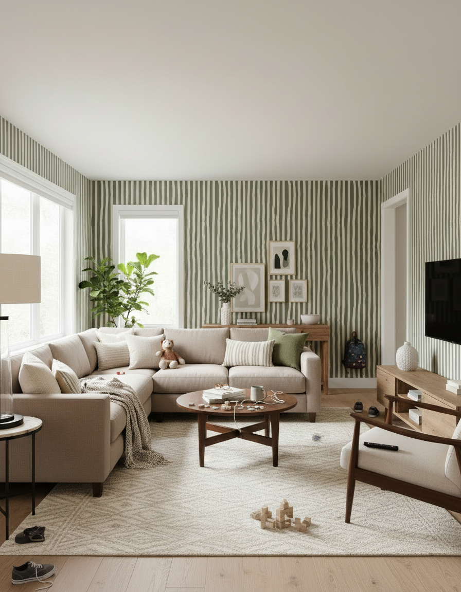 Dolce Stripe Wallpaper, olive green and tan