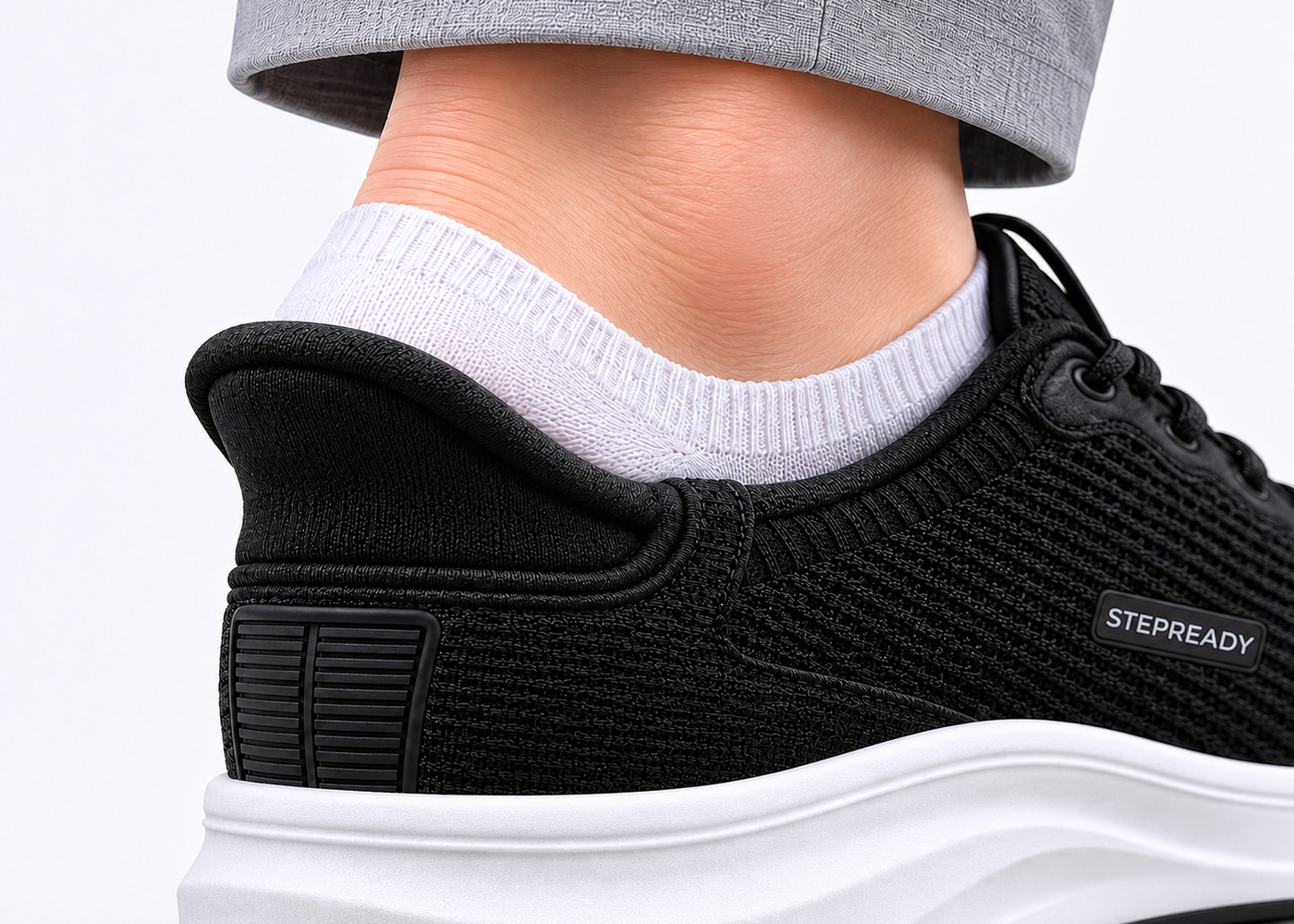 Close-up of the StepReady heel structure for hands-free shoe entry