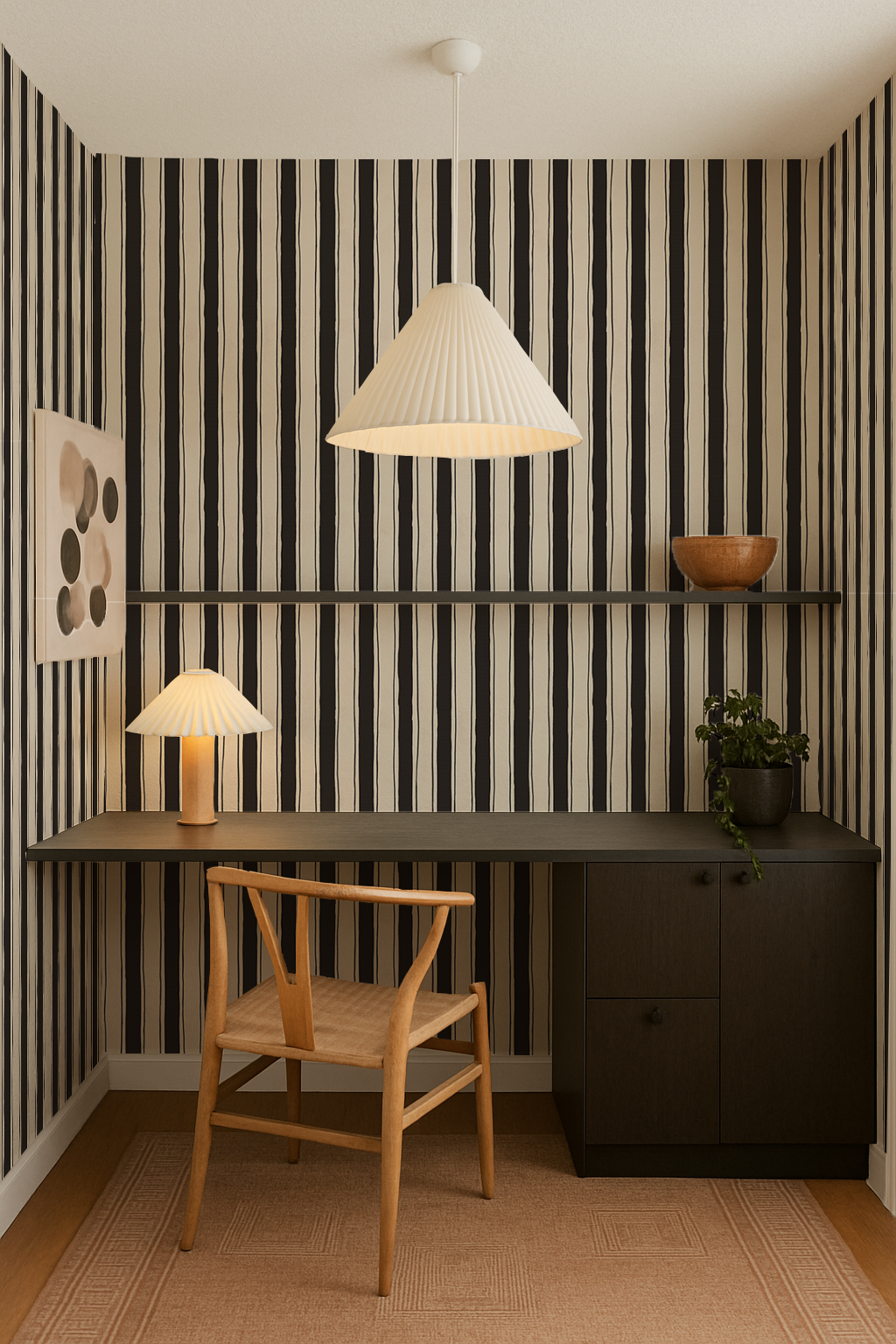 Riviera Stripe Wallpaper, off-white and black